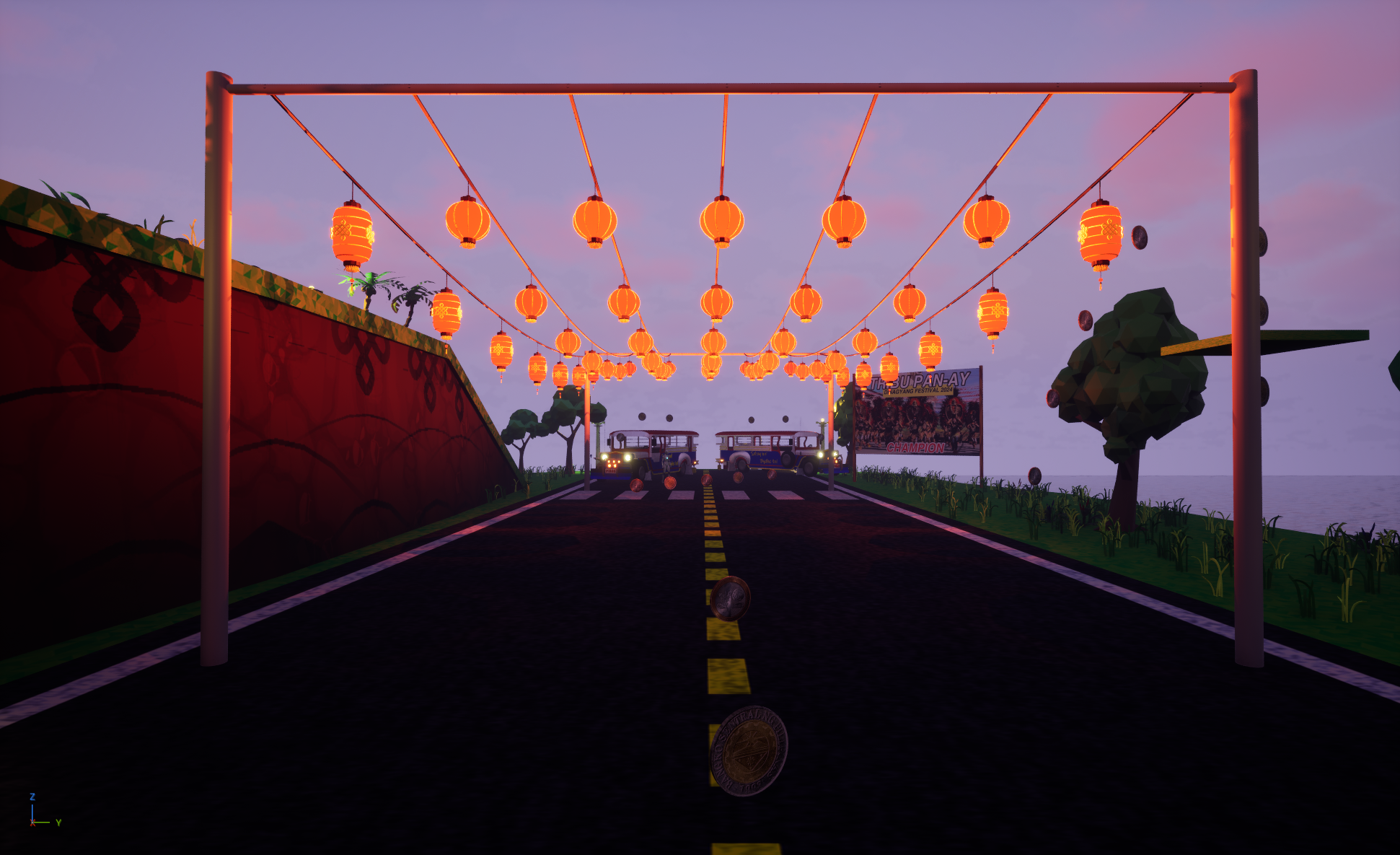 A street decorated with hanging orange lanterns during sunset, with two buses parked in the distance, a billboard, trees, and some floating coins.