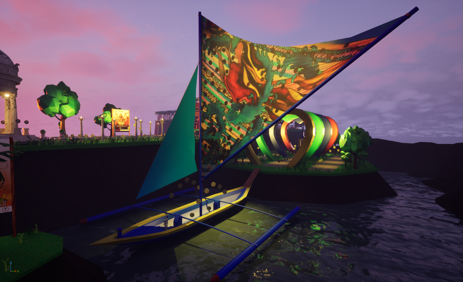 Digital artwork of a sailboat on a river at sunset, featuring a brightly colored sail with an artistic design, and a background with stylized trees, glowing lights, and a modern, illuminated architectural structure.
