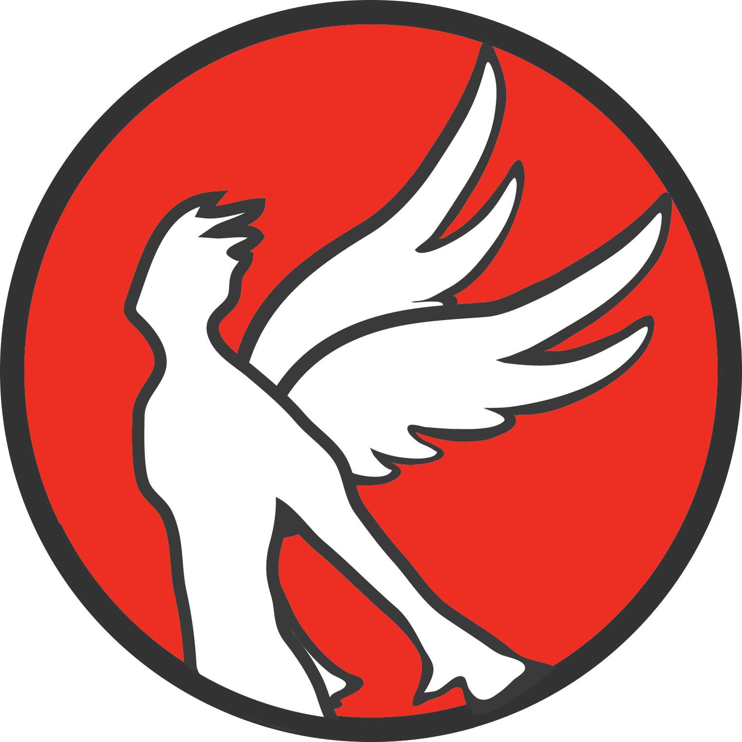 A logo featuring a stylized white griffin with wings on a red circular background with a black border.