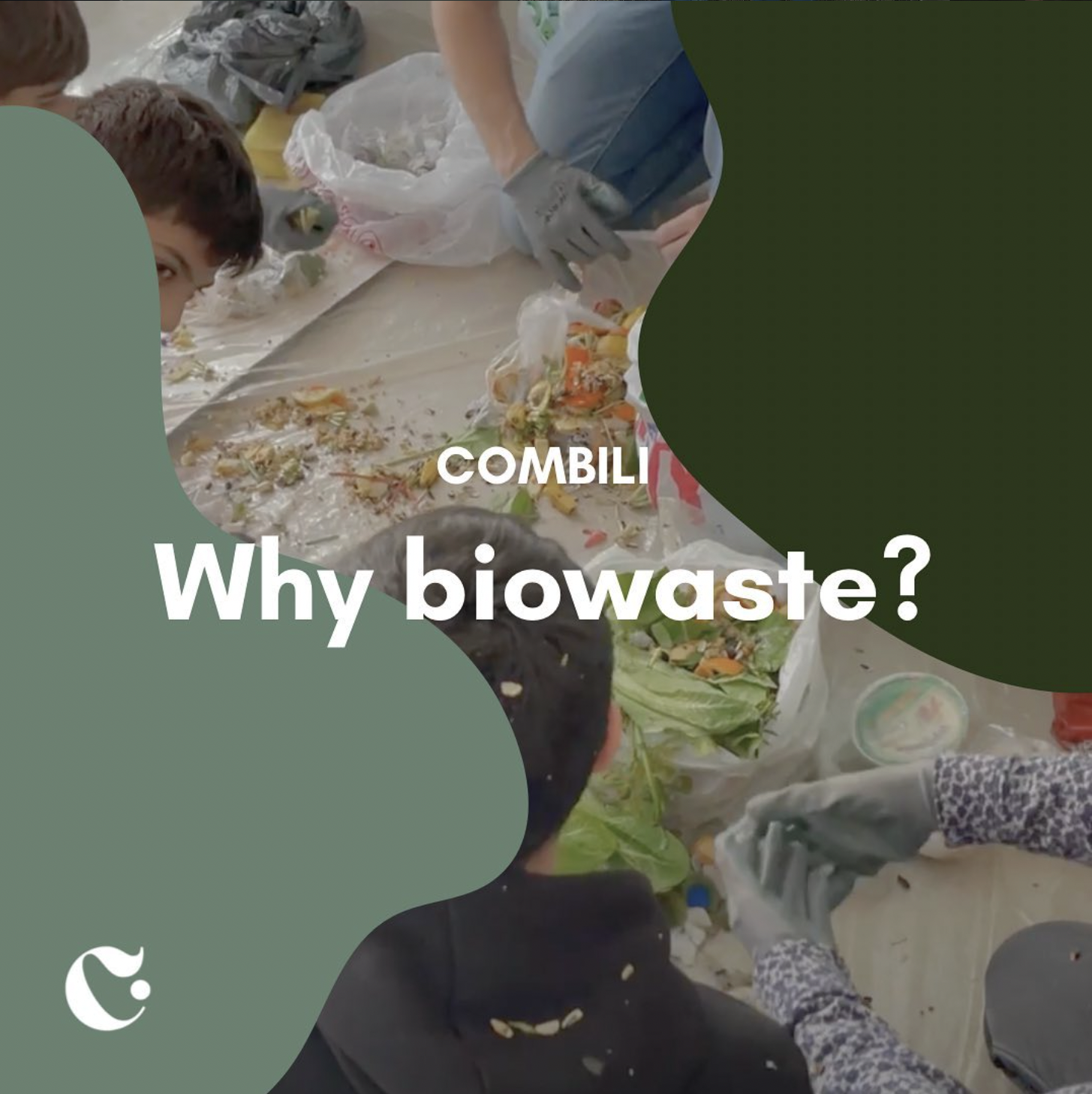 People sorting and handling biowaste, such as food scraps and plant materials, as part of a composting or waste management activity.