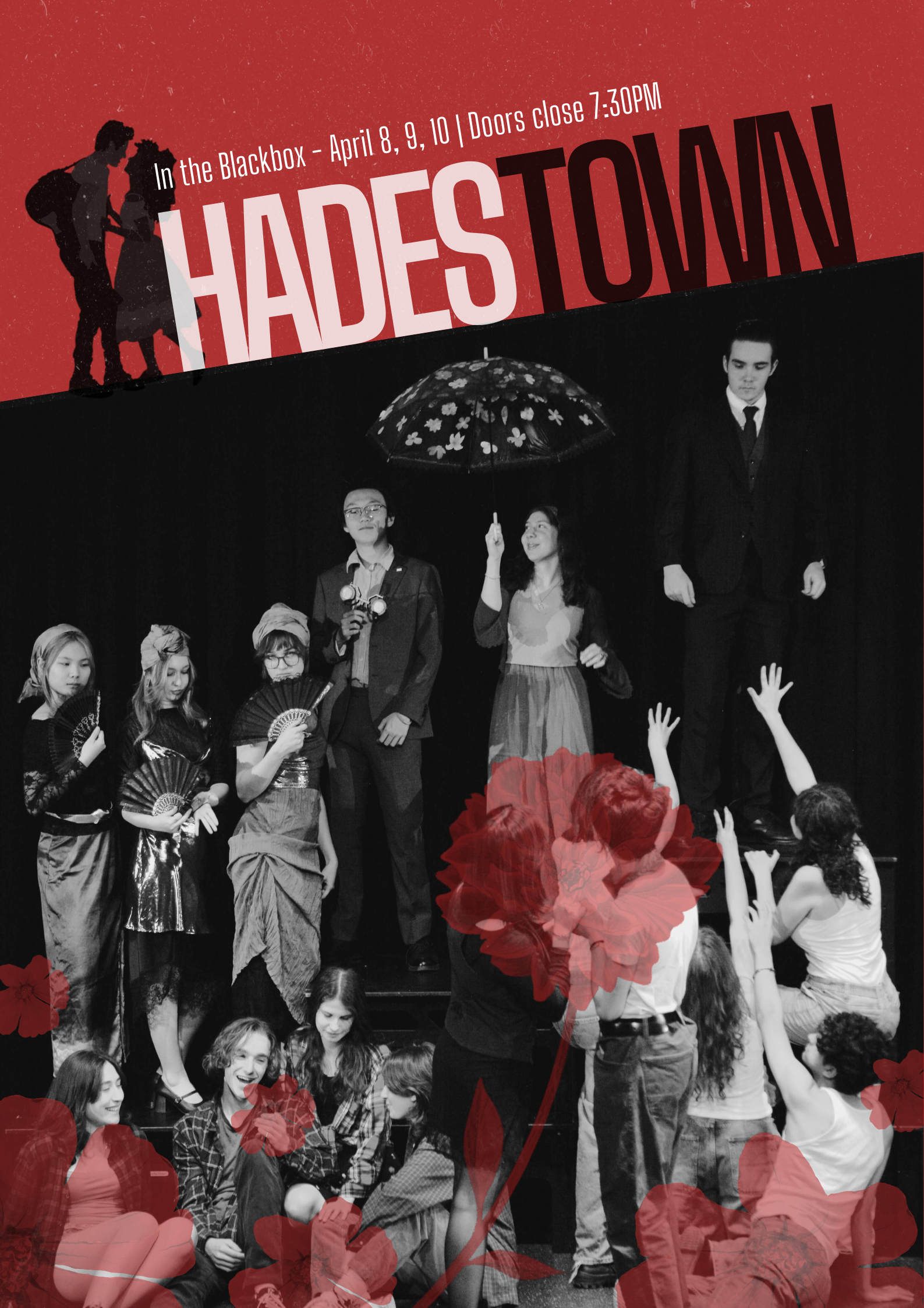 Promotional poster for the play 'Hades Town' featuring a black and white photo of children performing on stage with some playing fans, holding umbrellas, or raising their hands, with red floral overlays and typography about show dates and details.