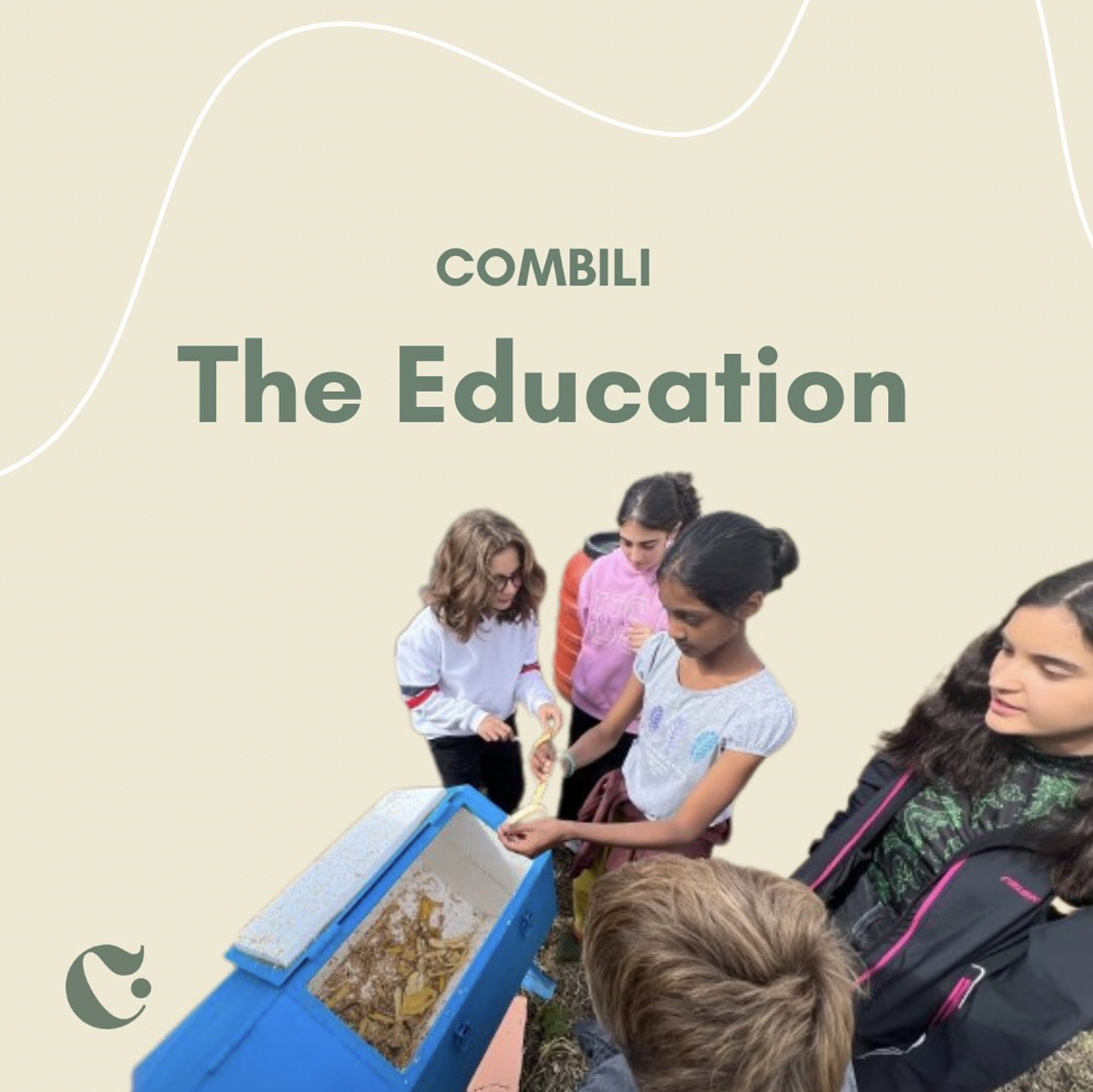 Students examining a display of fossils or archaeological artifacts outdoors, with beige background and text 'COMBILI The Education'.