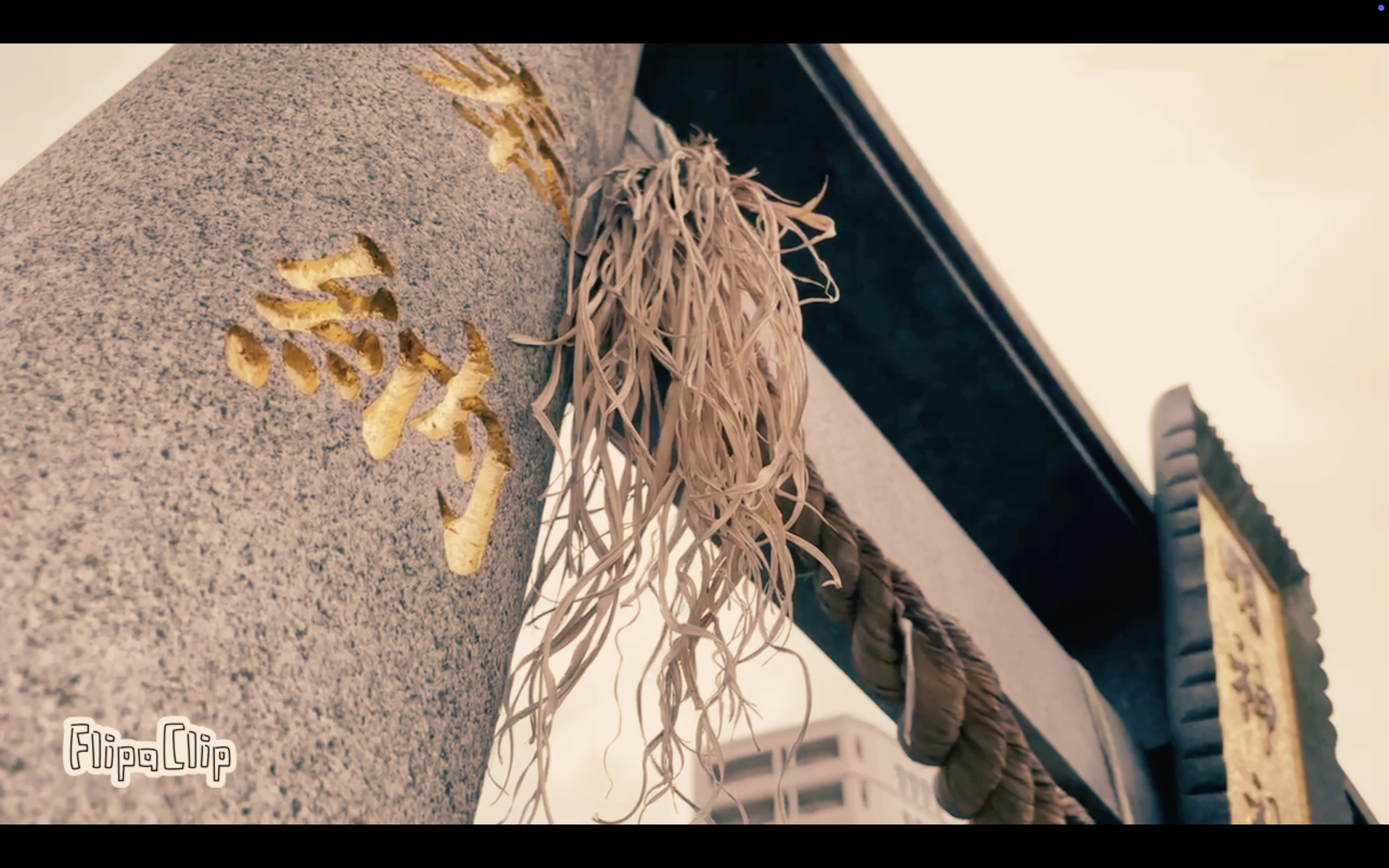 Close-up of a granite fireplace mantel with gold-painted Chinese characters, dried ornamental grass, and part of a black metal sculpture or fireplace tool.