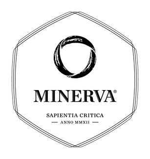 Minerva logo with a circular emblem above the text, set in a stylized hexagonal frame on a black background.