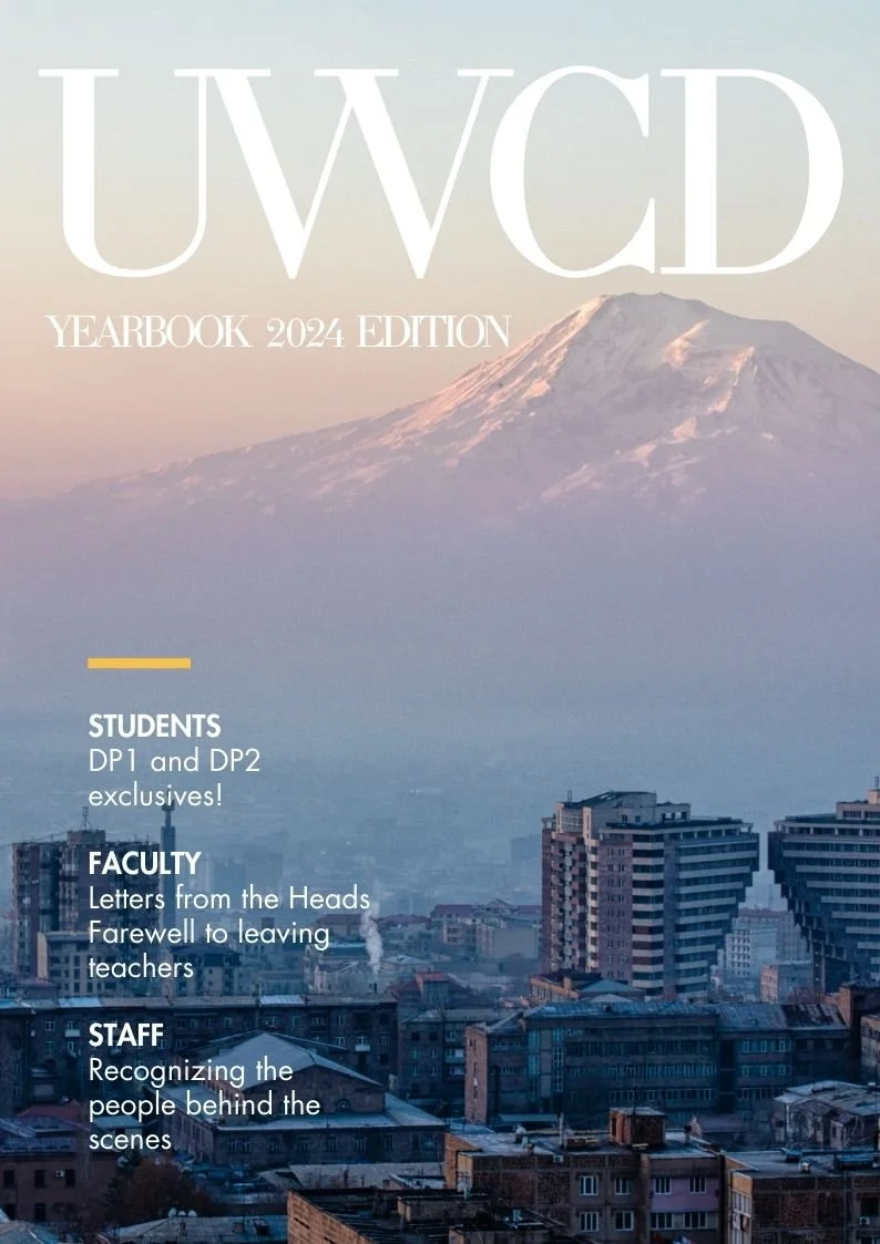Cover of a yearbook with a mountain and cityscape background, titled 'UWCD Yearbook 2024 Edition,' featuring sections for students, faculty, and staff.