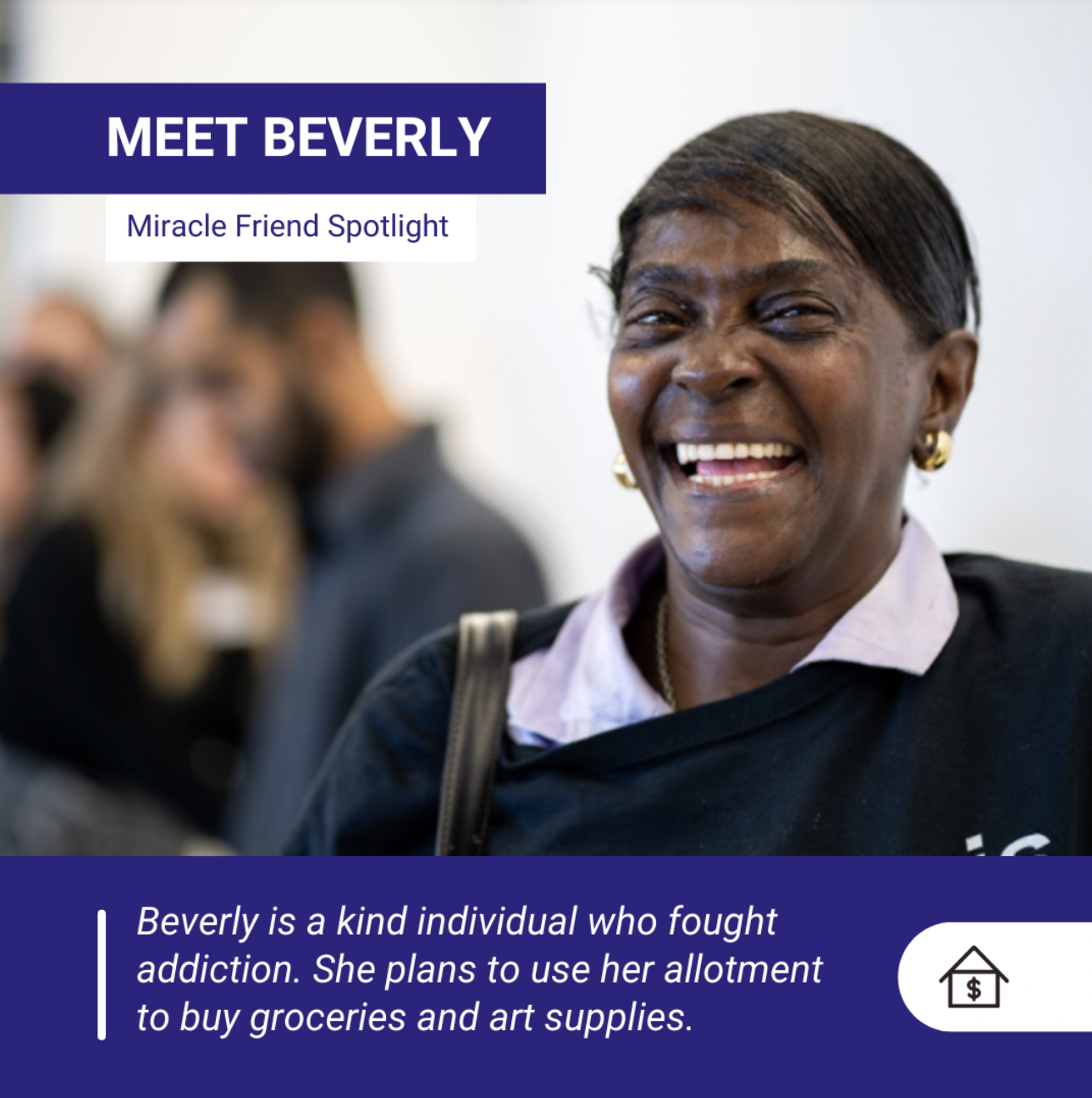 A smiling African American woman with short hair and gold earrings, wearing a black shirt and a light pink collared blouse, standing in a busy indoor setting with other people in the background. The image is part of a profile titled 'Meet Beverly,' highlighting her story of overcoming addiction.