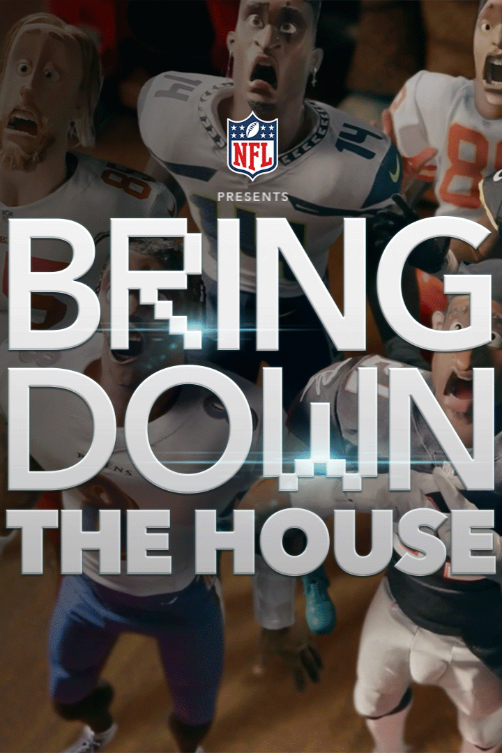 Group of excited football players in jerseys, posing together with the NFL logo and the text "Being Down The House" overlaid.
