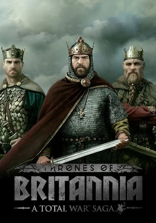 Three medieval kings in armor and crowns standing outdoors under a cloudy sky, with a game title "Thrones of Britannia: A Total War Saga" at the bottom.