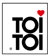 Das Logo von TOI TOI, einem Hersteller von sanitären Anlagen, mit schwarzem Text und rotem Herz über dem 'I'.