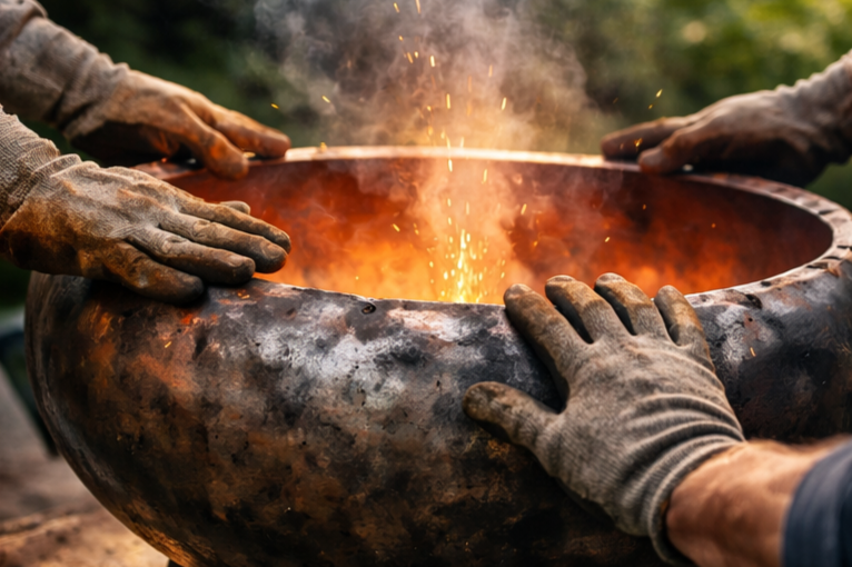 Mehrere Personen tragen Arbeitshandschuhe und heben eine grosse Feuerschale, die Funken und Flammen aus dem Inneren ausstrahlt.