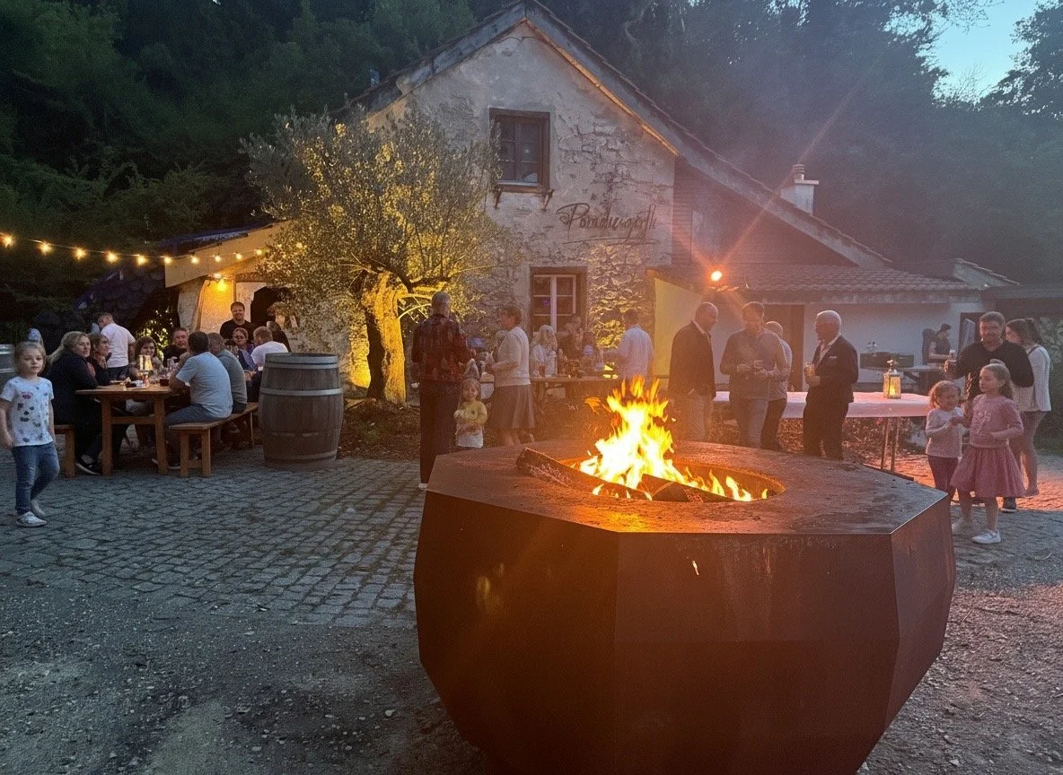 Abend bei einer Gartenparty vor einem Haus mit einem Feuer in einer grossen, modernen Feuerschale, umgeben von mehreren Gruppen von Menschen, darunter Kinder und Erwachsene, die sich unter Hängelampen und in einer entspannte Atmosphäre unterhalten.
