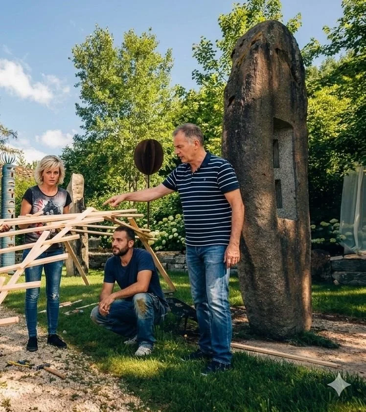 Drei Menschen, die an einem Holzprojekt im Garten arbeiten, mit einer grossen Steinfigur im Hintergrund und grünen Bäumen unter einem blauen Himmel.