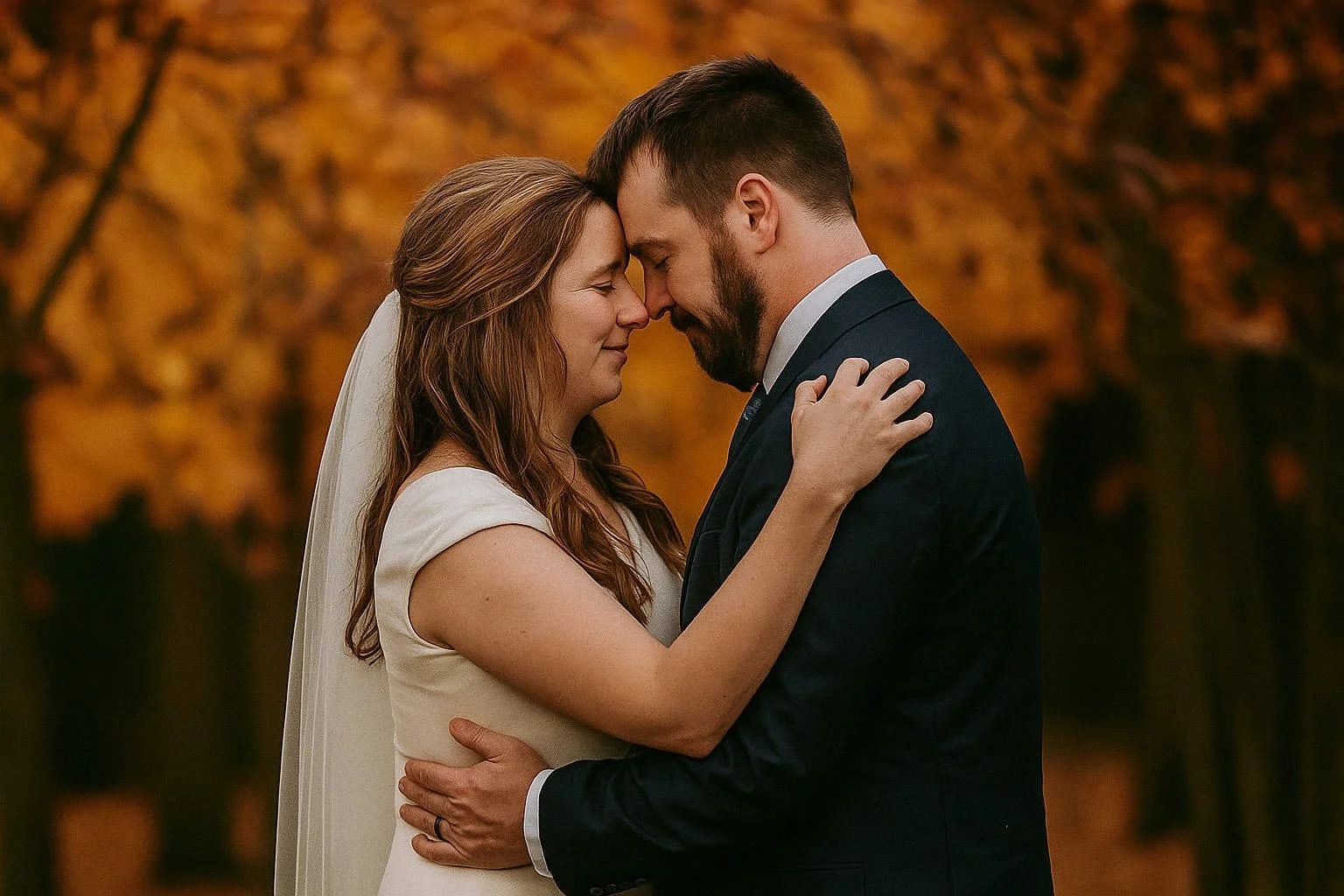 A bride and groom share a moment with foreheads touching, eyes closed, and arms around each other against a backdrop of autumn-colored trees.