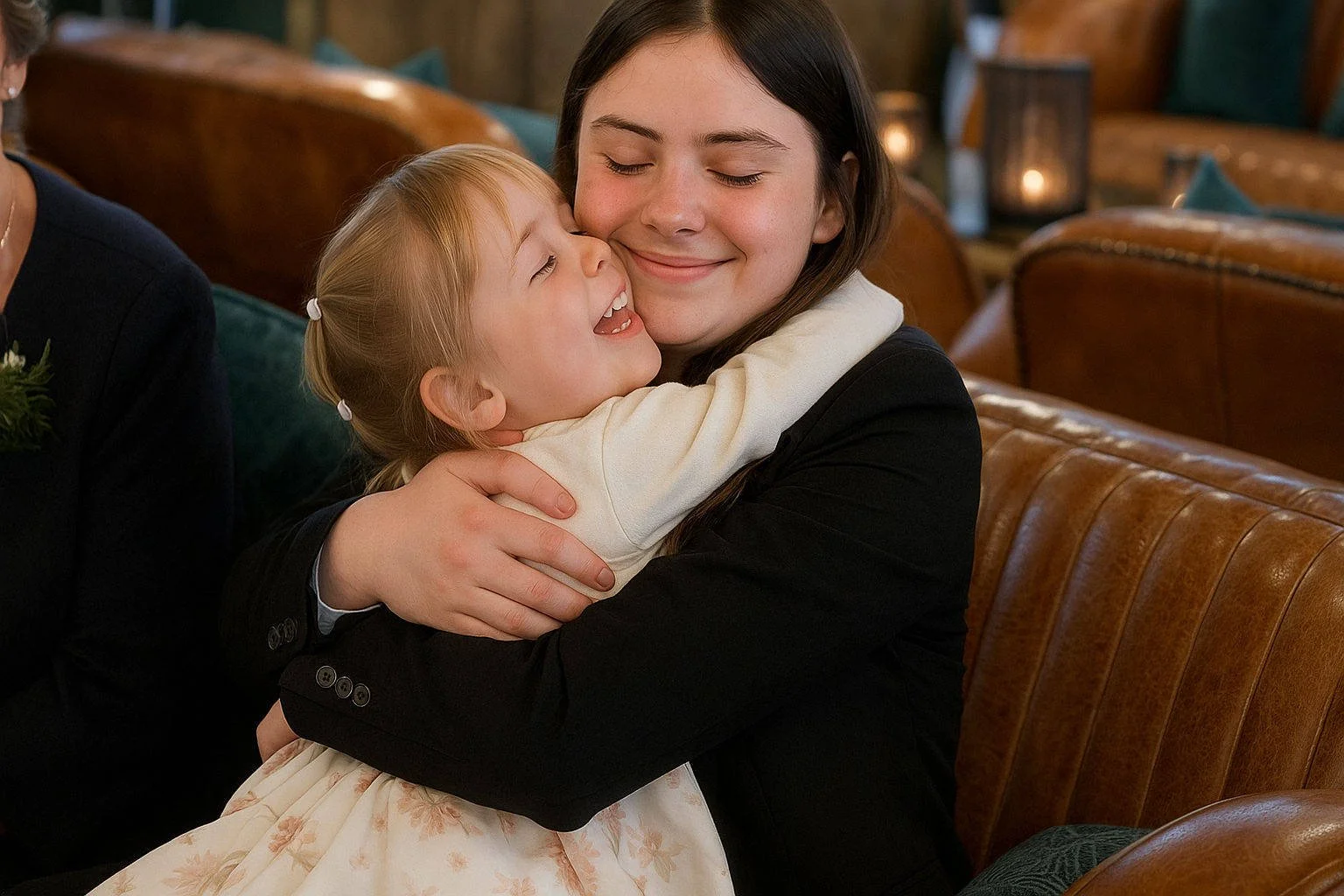 Young girl hugs older guest with joy at Holmes Mill wedding venue