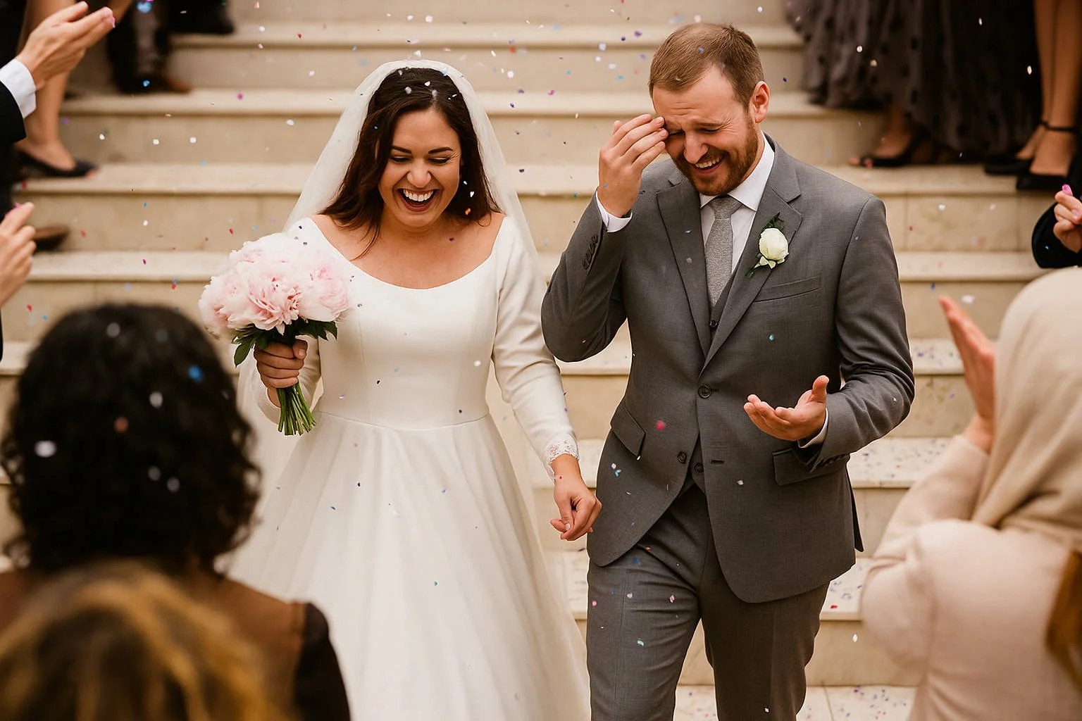 Bride and groom laughing under confetti as they walk down the steps after their ceremony