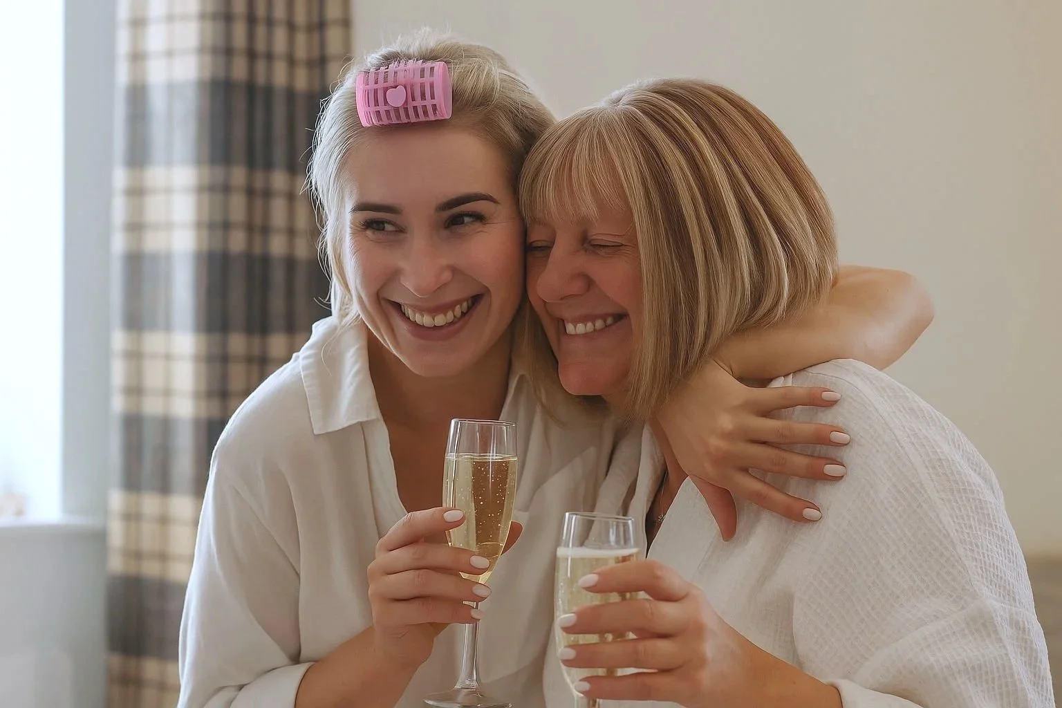 Candid moment of bride and her mother celebrating with champagne at bridal preparations 