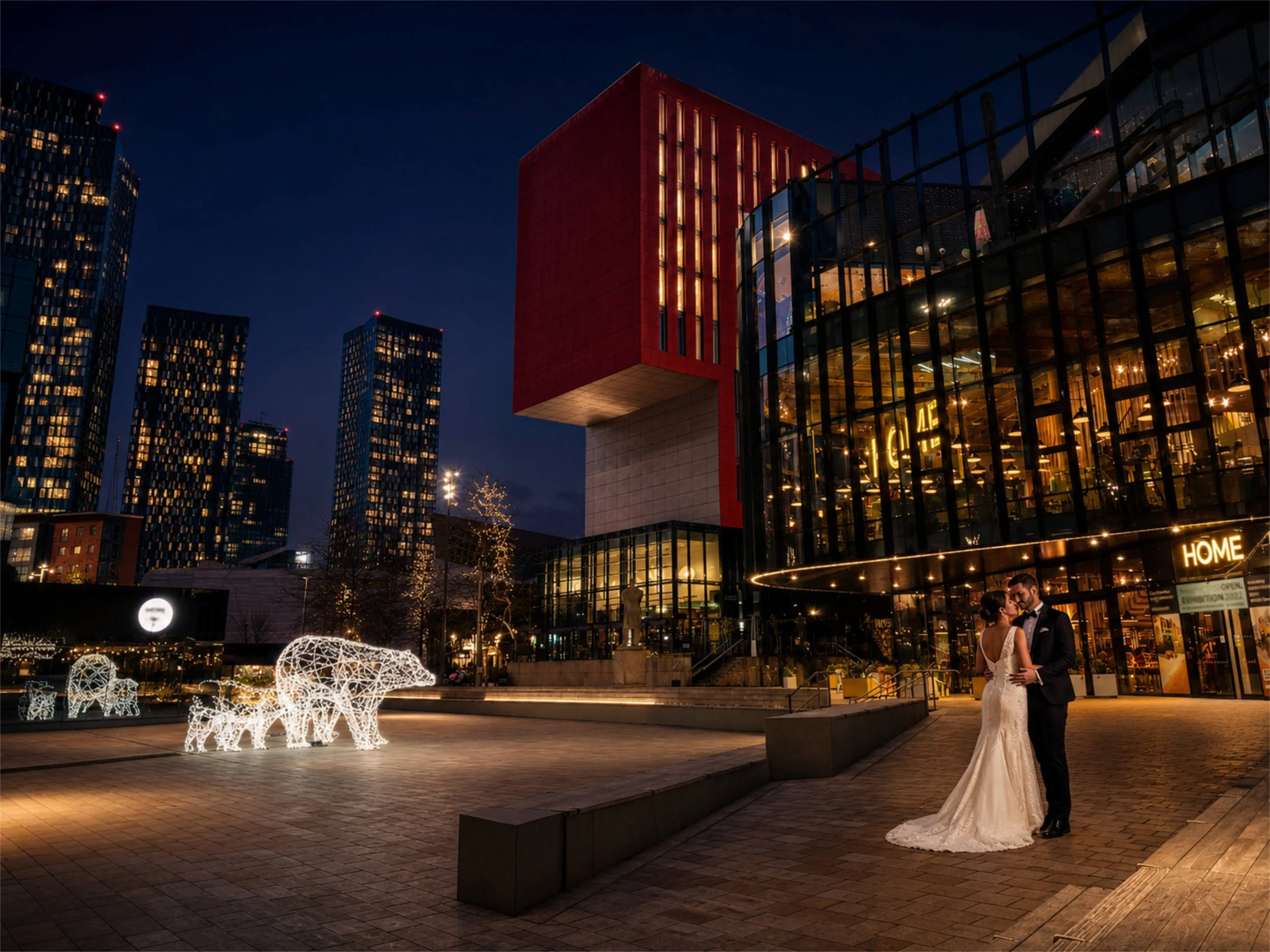 Bride and Groom Portrait Outside HOME Manchester at Night