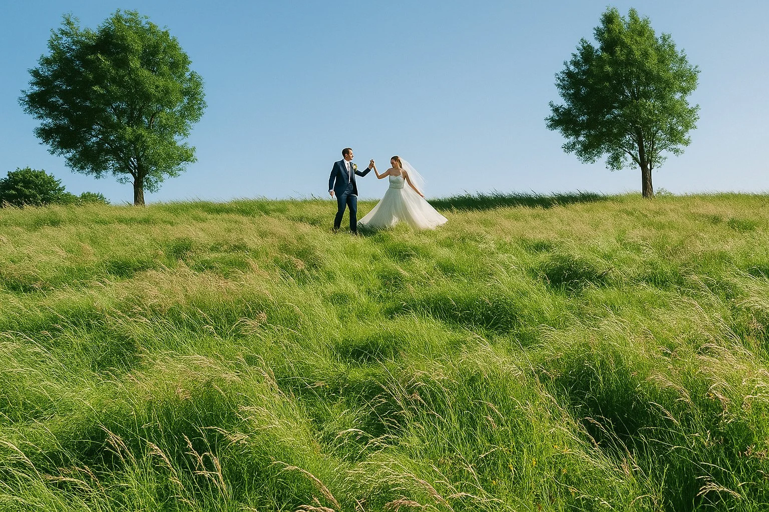 A bride and groom holding hands and dancing on a grassy hill under a clear blue sky with two large trees in the background.