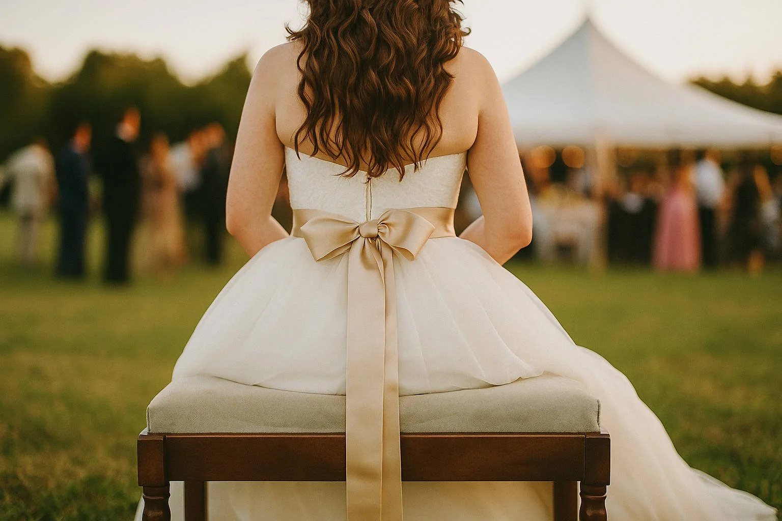 Bride in a white wedding dress with champagne sash sits on a bench at a countryside marquee wedding reception