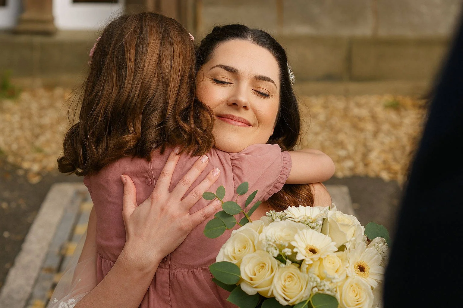Bride hugging her young daughter at Shaw Hill Golf Spa Hotel, captured by a Manchester photographer