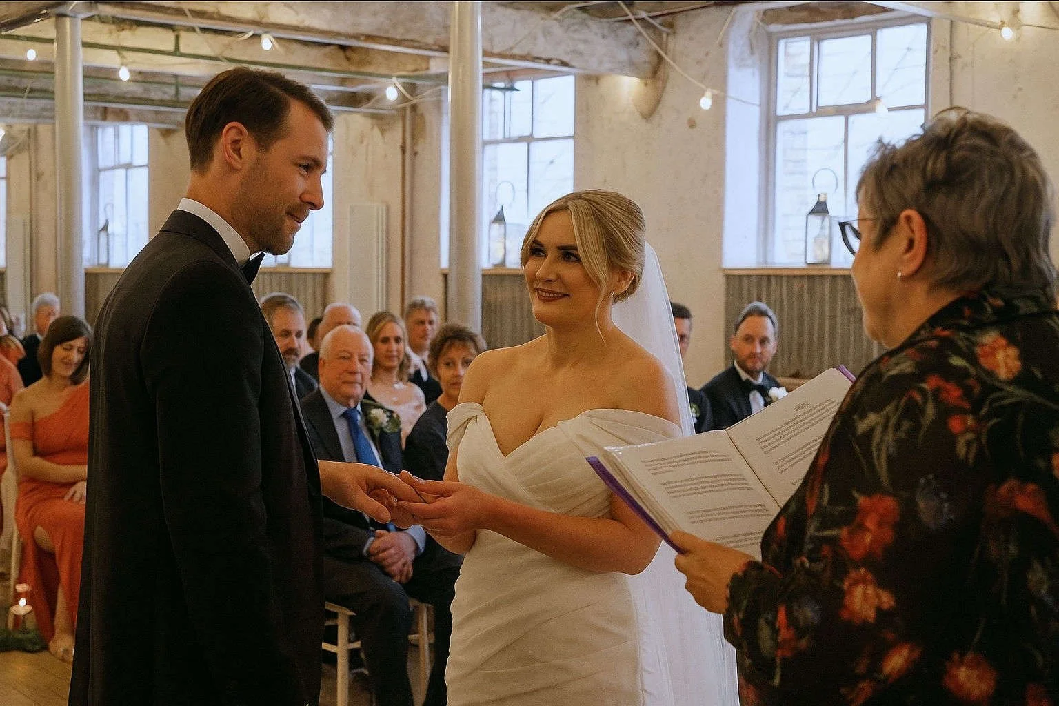 Bride and groom exchanging wedding rings during an indoor ceremony at Holmes Mill Clitheroe wedding venue with exposed beams and warm string lighting, surrounded by seated guests
