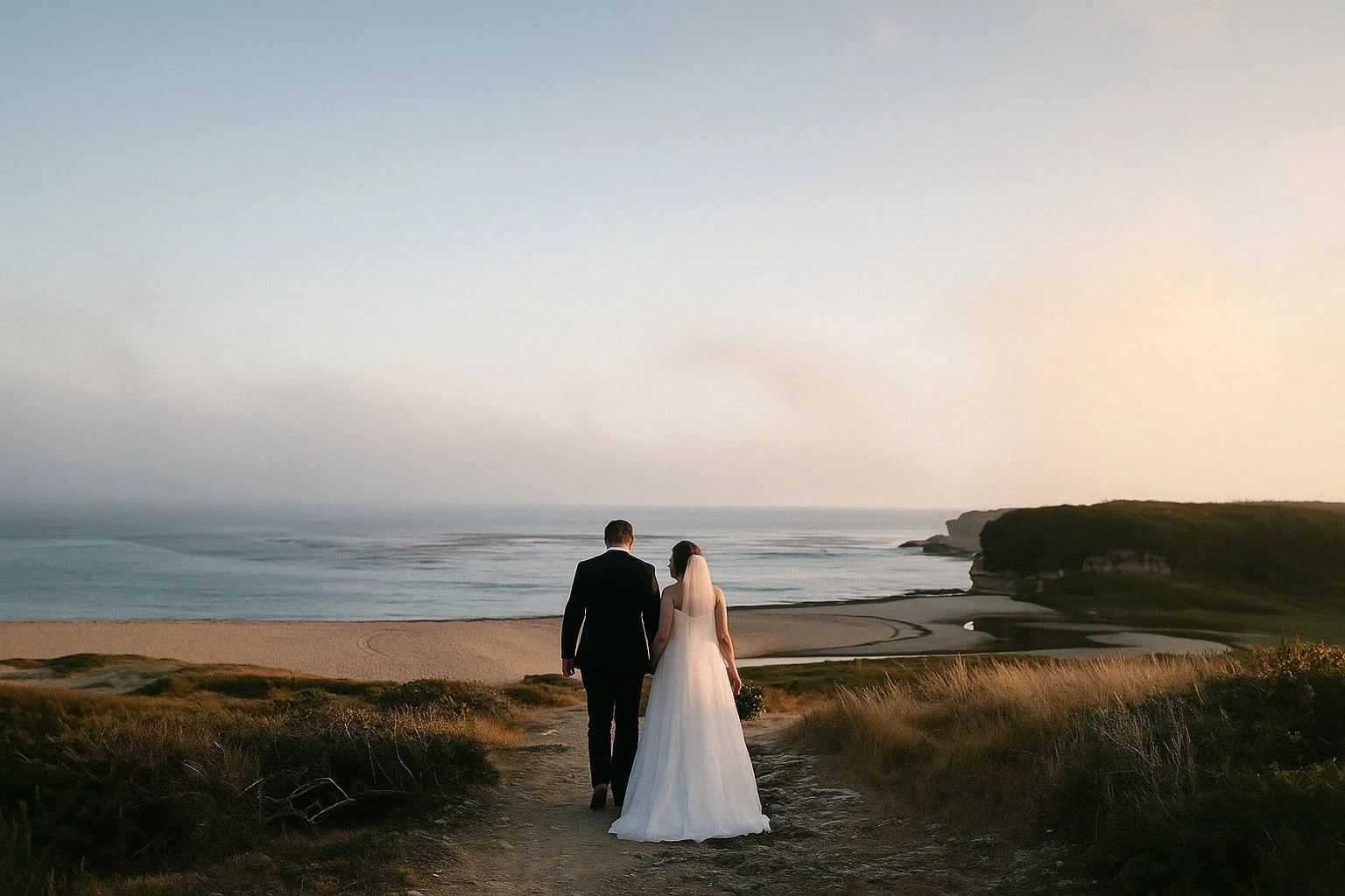 A bride and groom walking hand in hand toward the shore on a beach at sunset, with grassy dunes and cliffs in the background.