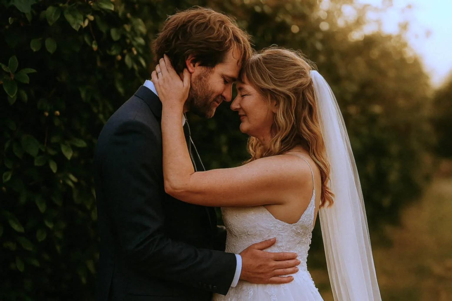 Bride and groom embrace with foreheads touching in a peaceful outdoor moment during golden hour