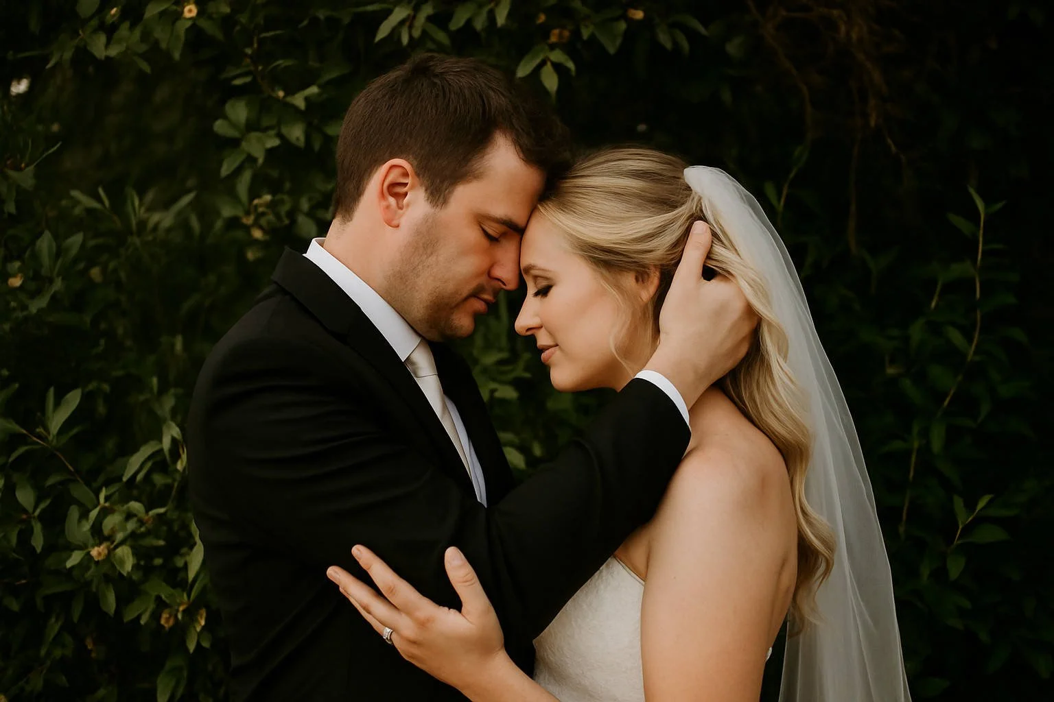 Candid close-up of a bride and groom touching foreheads during their wedding day