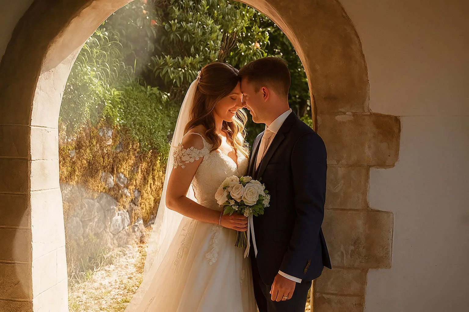 A bride and groom sharing a tender moment behind an arched stone doorway, after their wedding. With trees and sunlight outside.