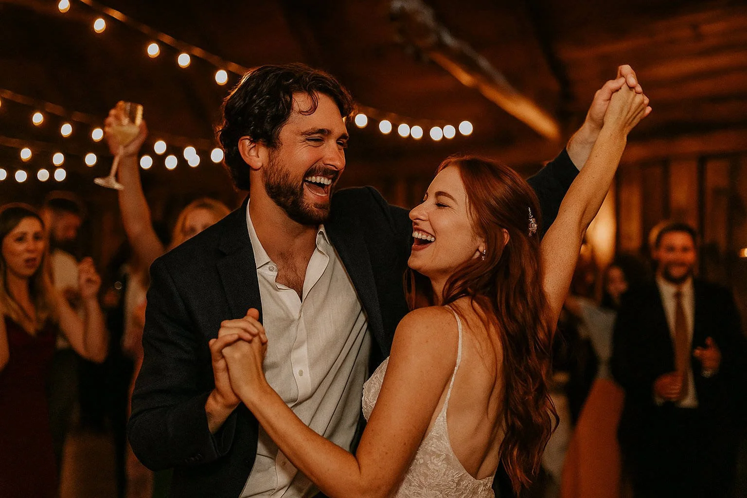 A happy couple dancing and laughing at a wedding reception, surrounded by friends, with string lights overhead.