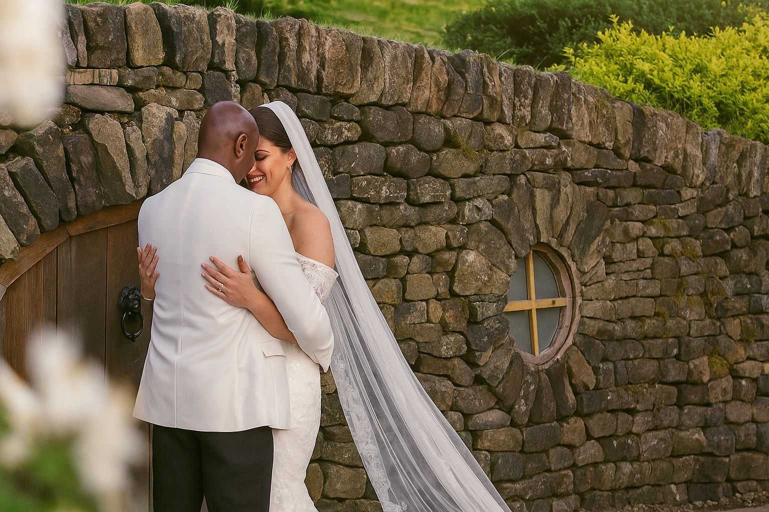 Bride and groom embracing in front of a rustic stone wall at The White Hart Inn in Lydgate