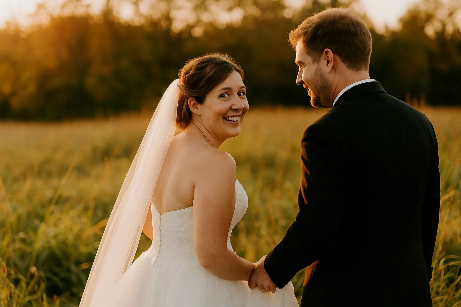 Bride and groom holding hands in a field at sunset, smiling and laughing on their wedding day