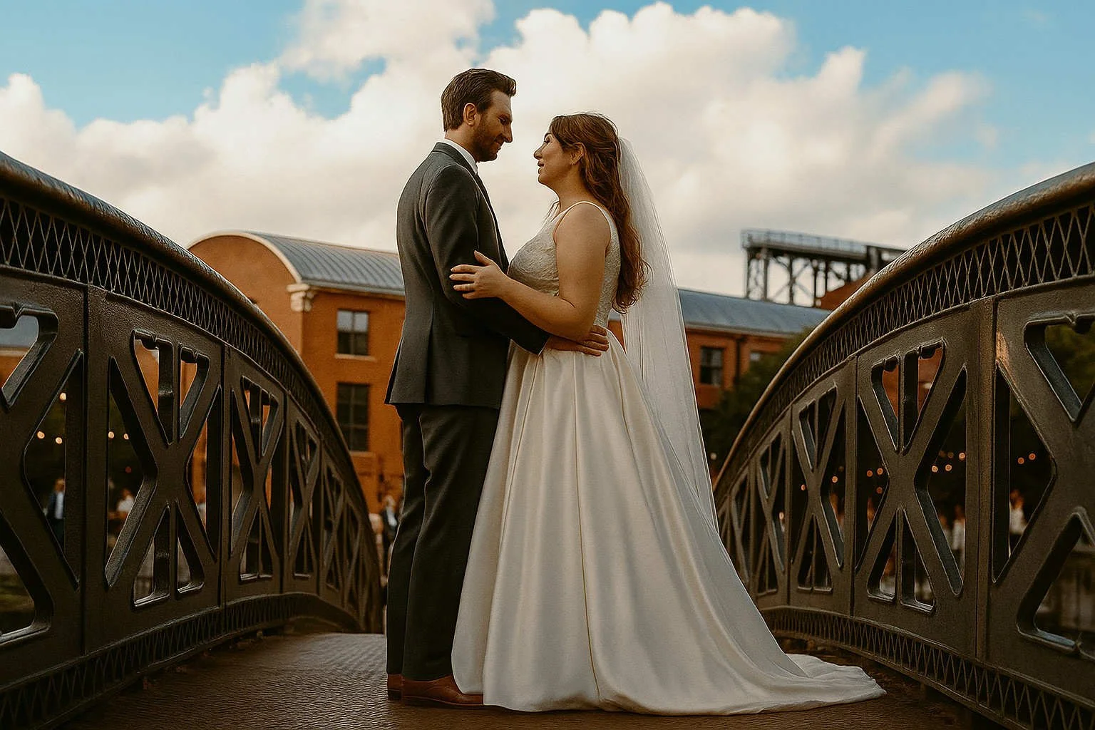 Bride and groom standing on an iron bridge in Manchester, Castlefield, holding each other and smiling under a blue sky