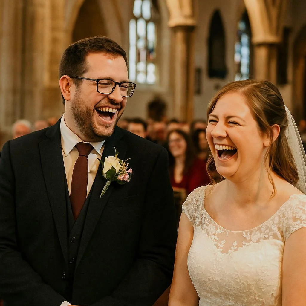 Bride and groom laughing joyfully during their Lancashire wedding ceremony inside a traditional church surrounded by guests