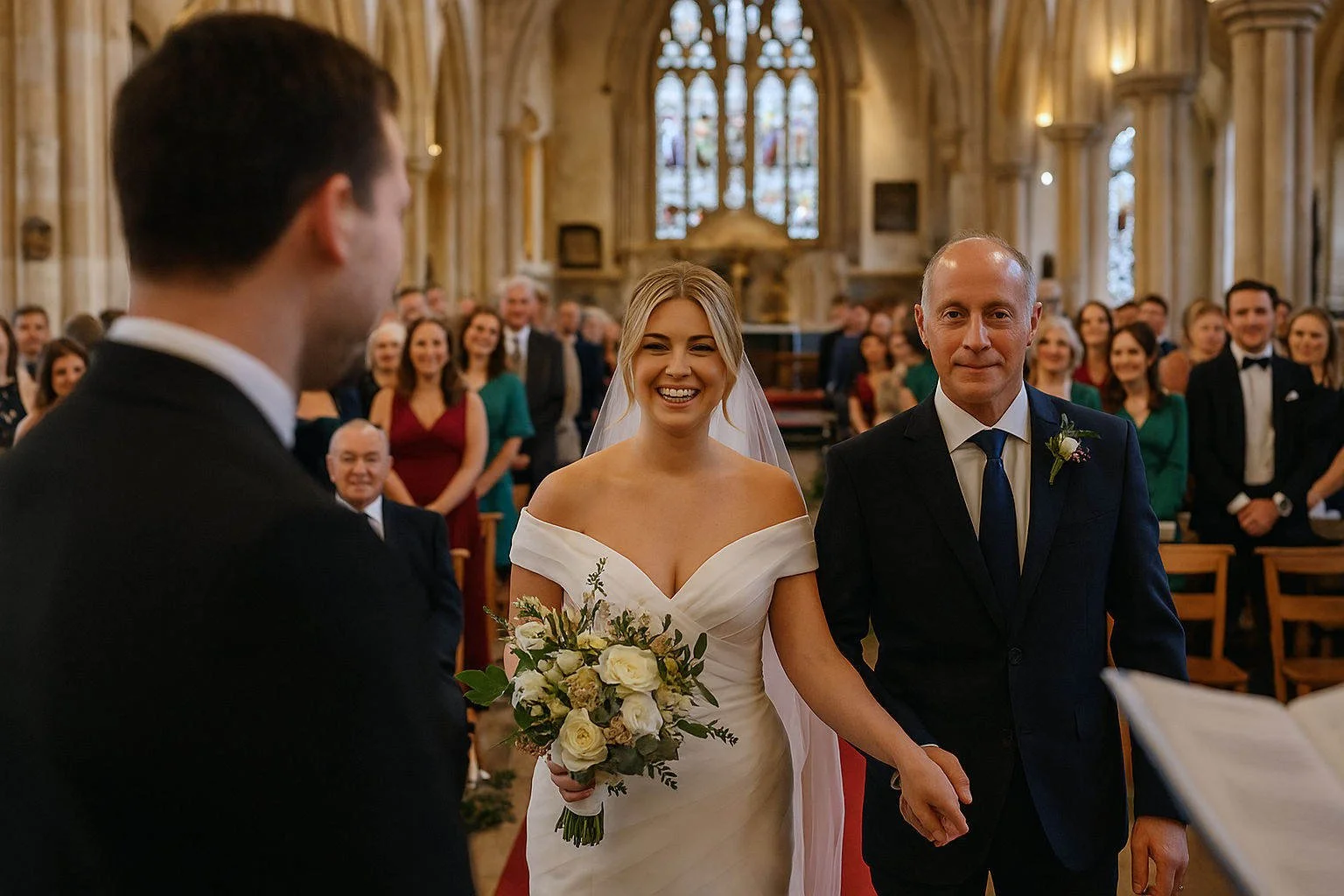 Smiling bride walking down the aisle with her father during a church wedding ceremony, with the groom visible in the foreground and guests watching happily in the background