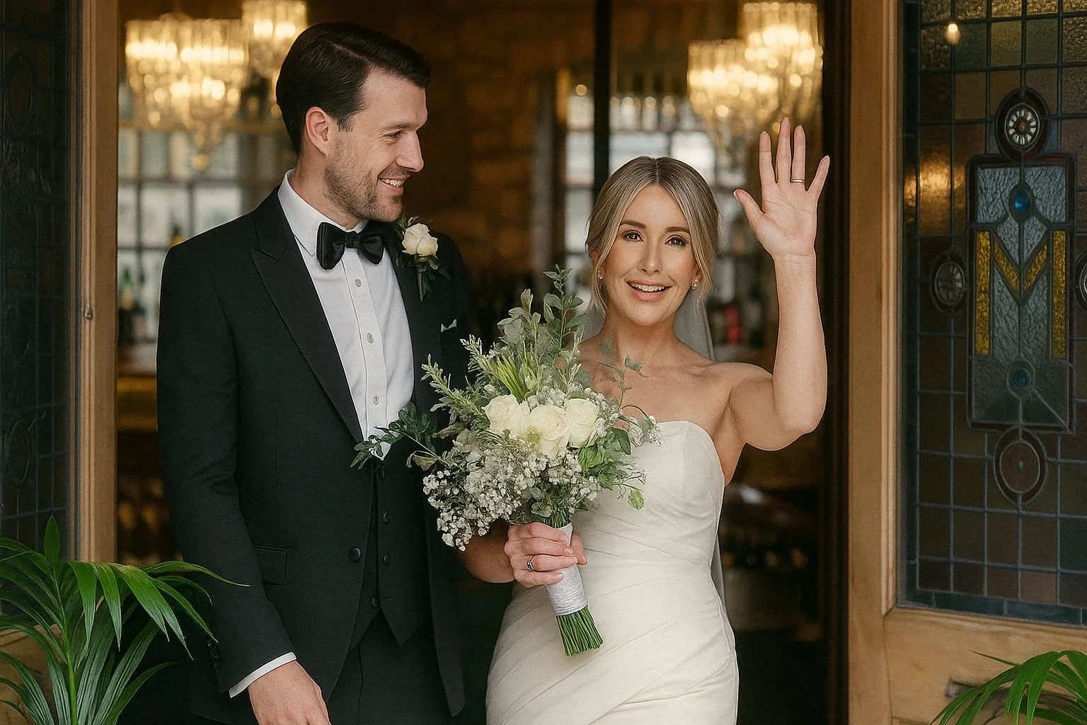 Manchester Bride waves and shows off wedding ring at Holmes Mill wedding venue