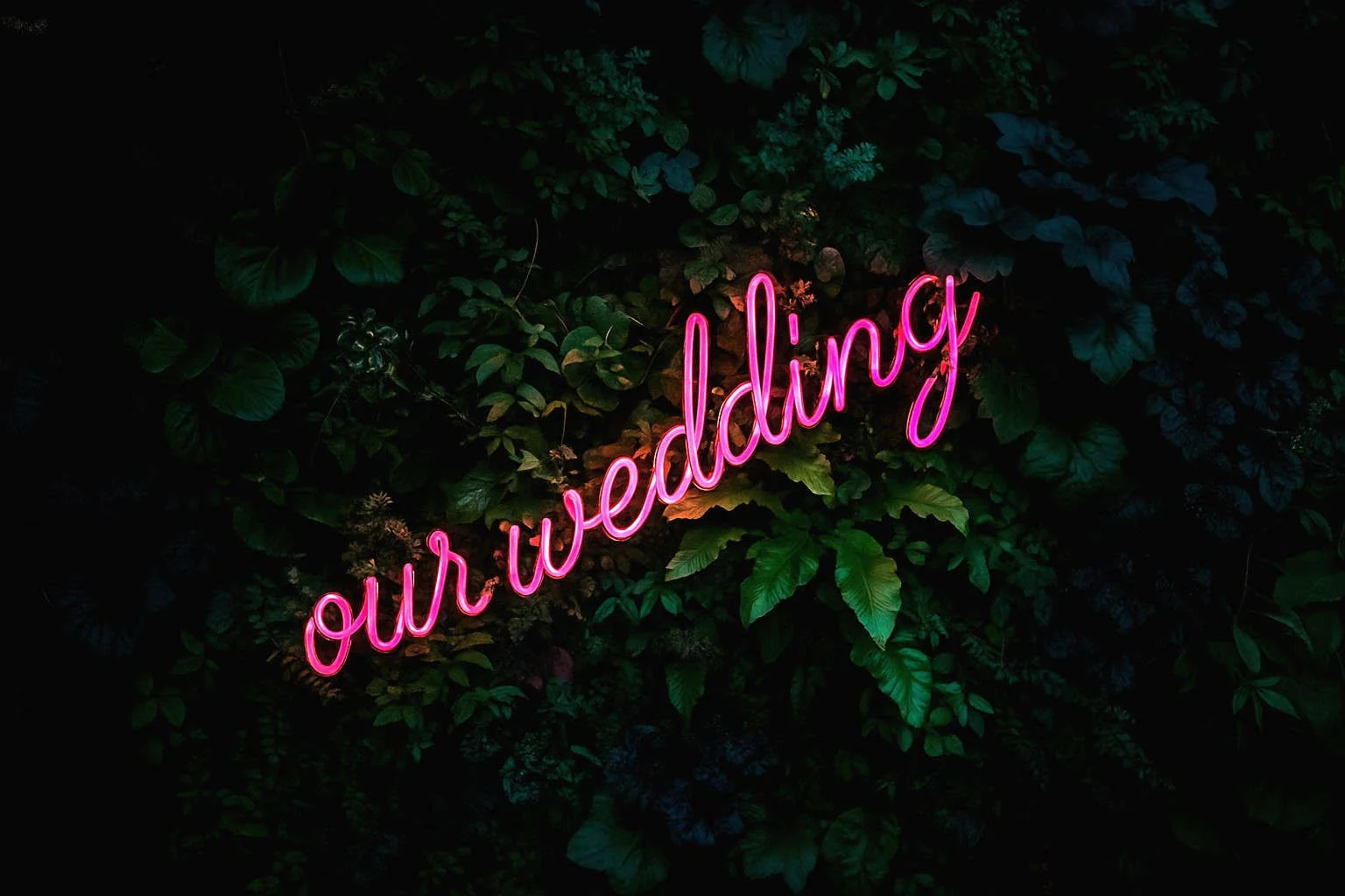 Pink neon sign reading "our wedding" against a lush green foliage wall