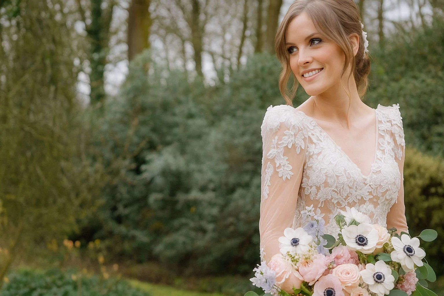 Smiling bride in a lace wedding dress, standing in the gardens at Foxtail Barns