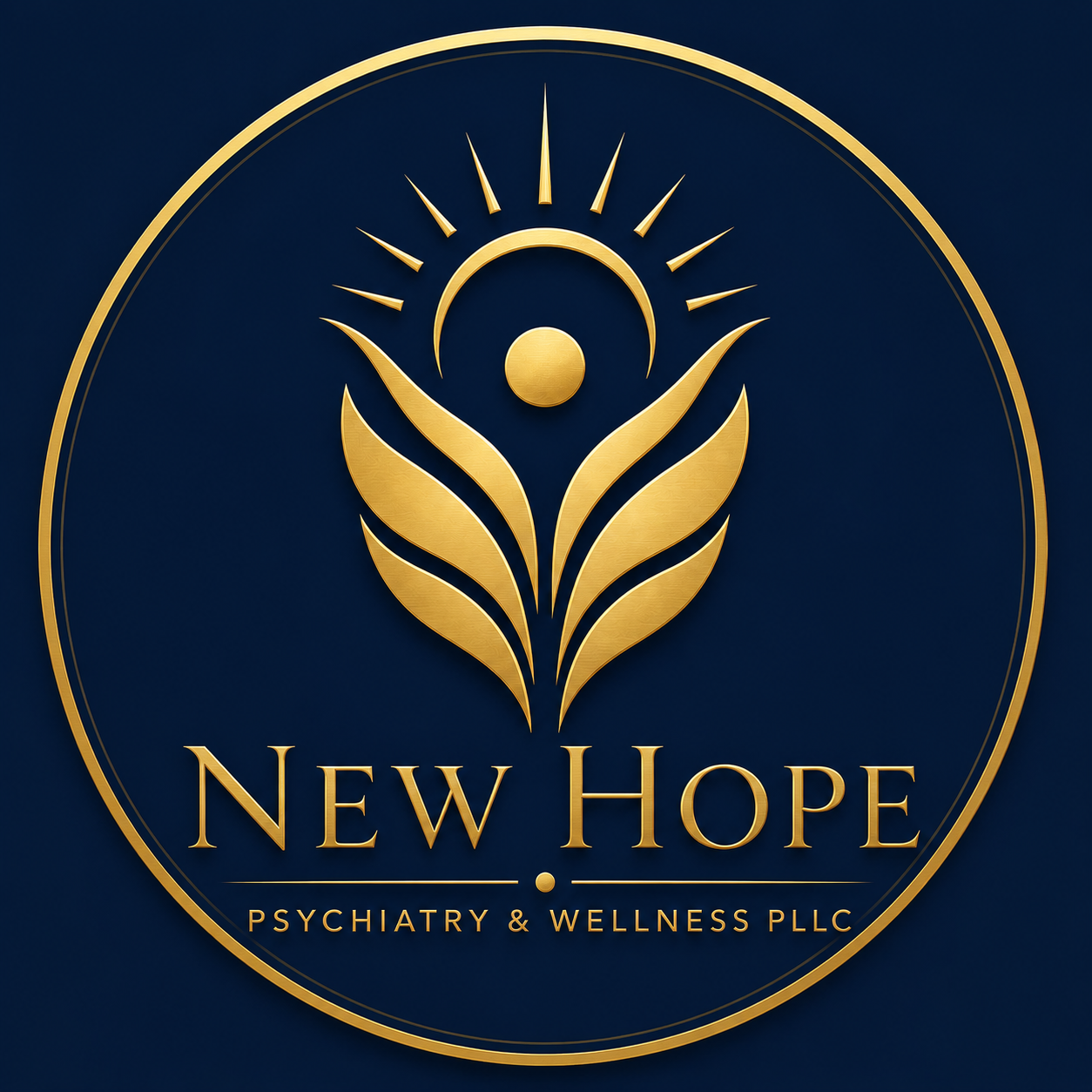 Gold emblem for New Hope Psychiatry & Wellness PLLC featuring a stylized plant or leaf with a circle and rays above, on a dark blue background.