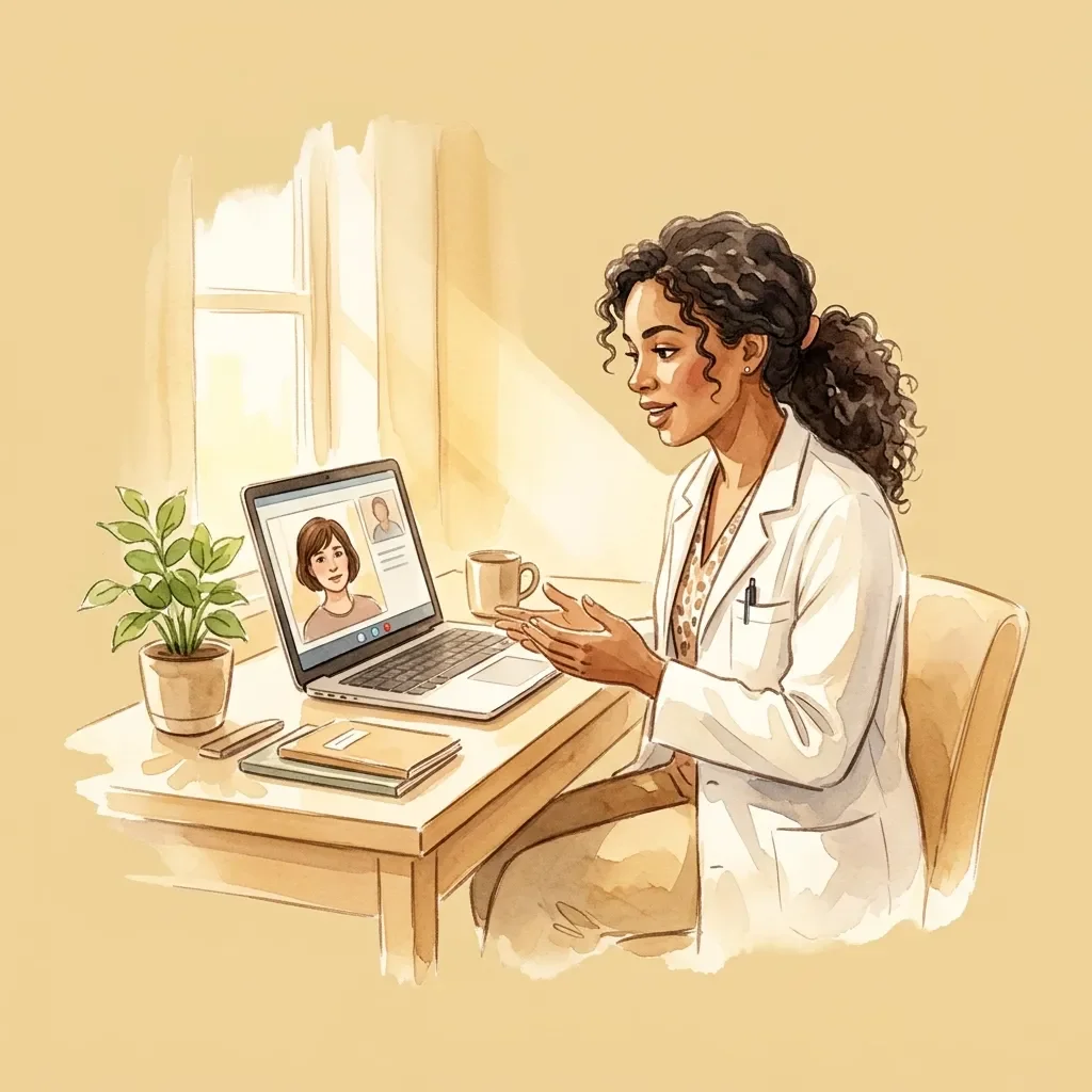 A woman doctor in a white coat participating in a video call on her laptop with a female patient, sitting at a desk with a potted plant, a notebook, and a coffee mug, in a warmly lit room.