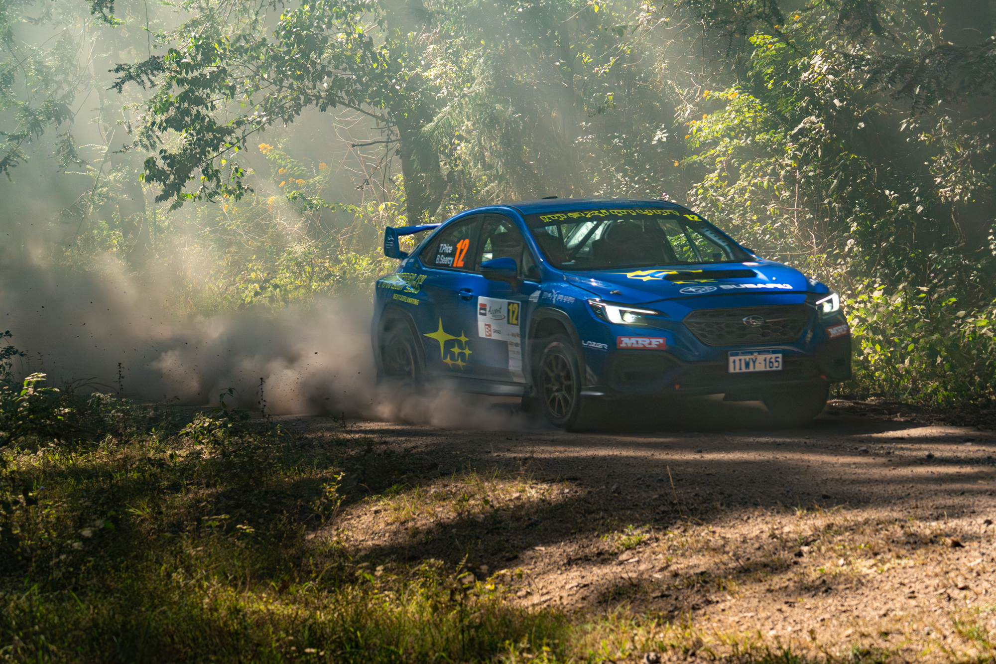 A blue rally car speeding through a dirt forest trail, kicking up dust, with lush green trees and sunlight filtering through the leaves.