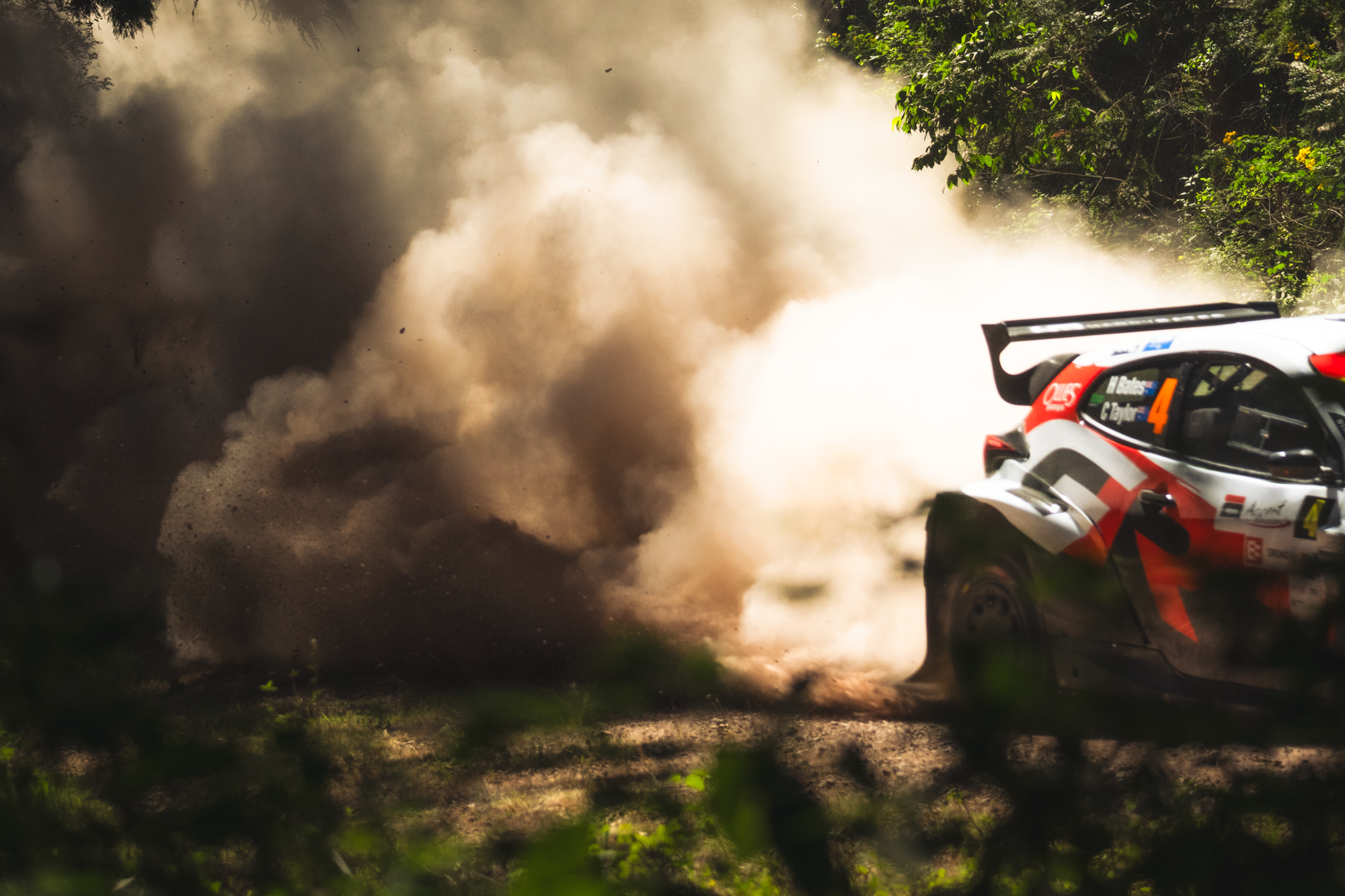 A rally car speeding through a dirt road, kicking up a large cloud of dust and dirt, surrounded by greenery and trees.