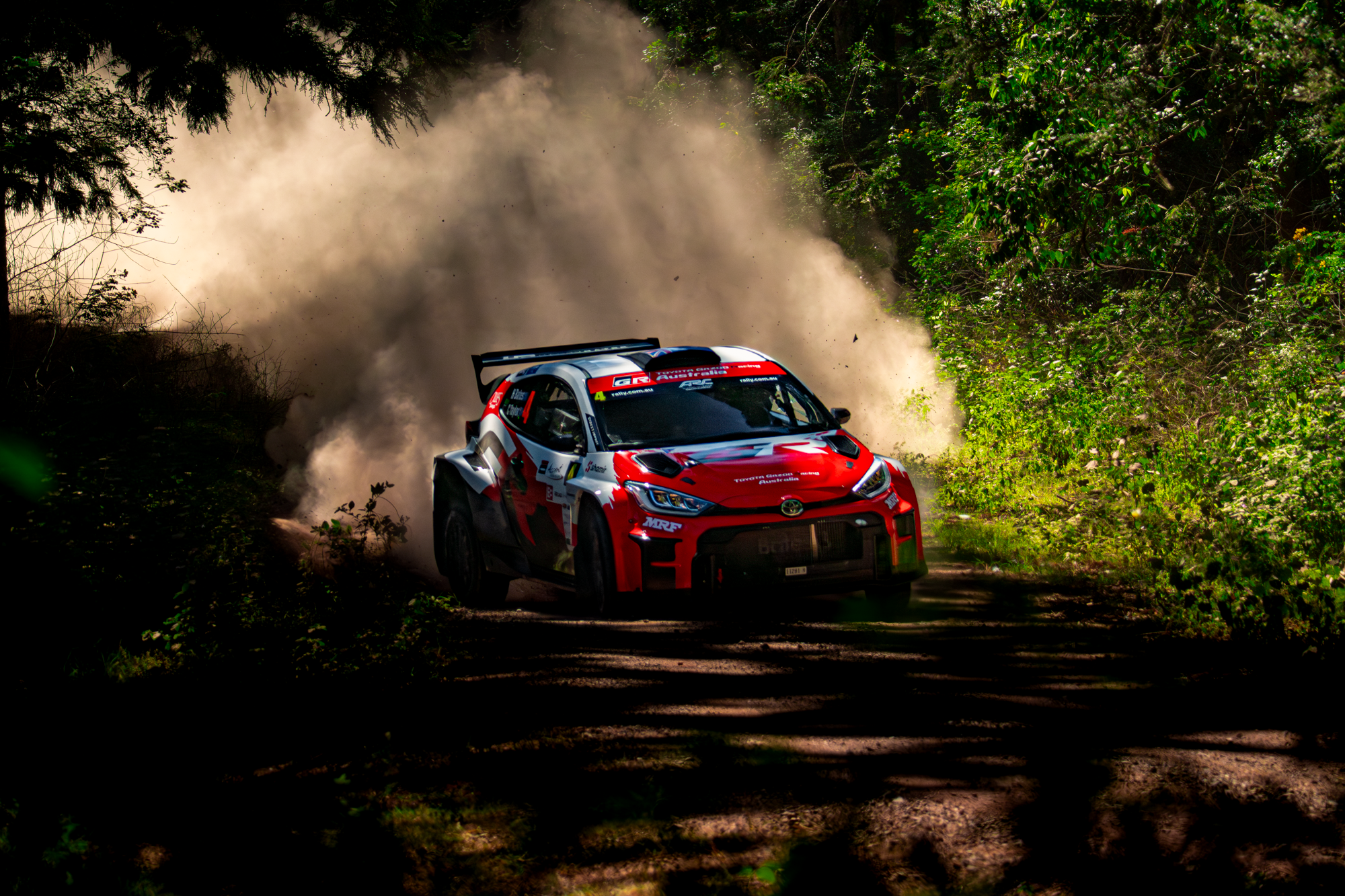 A red and white rally car racing through a dirt forest trail, kicking up dust behind it amid green trees and foliage.