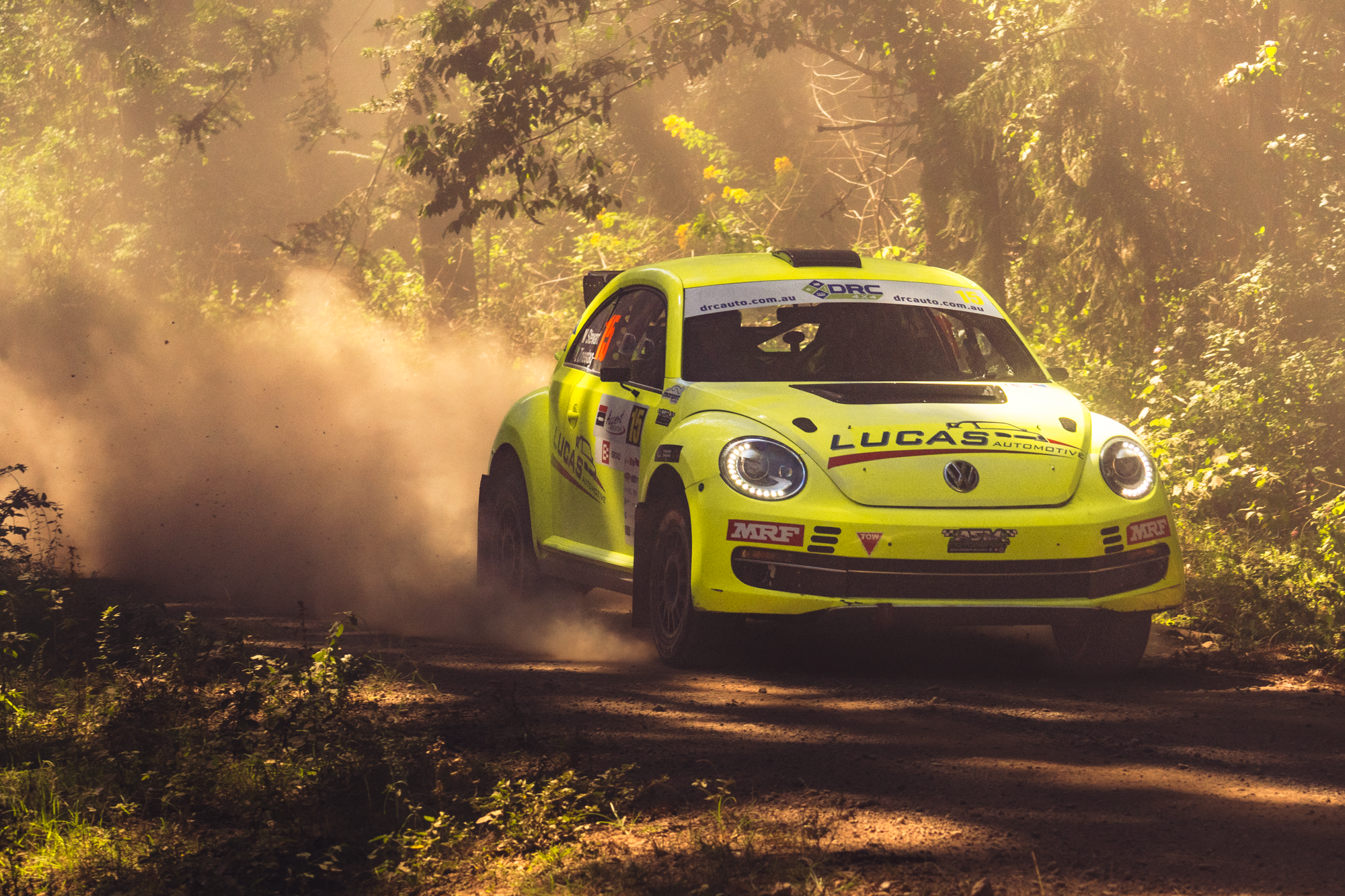 A bright yellow rally car speeding through a forest trail, kicking up dust and surrounded by green foliage.
