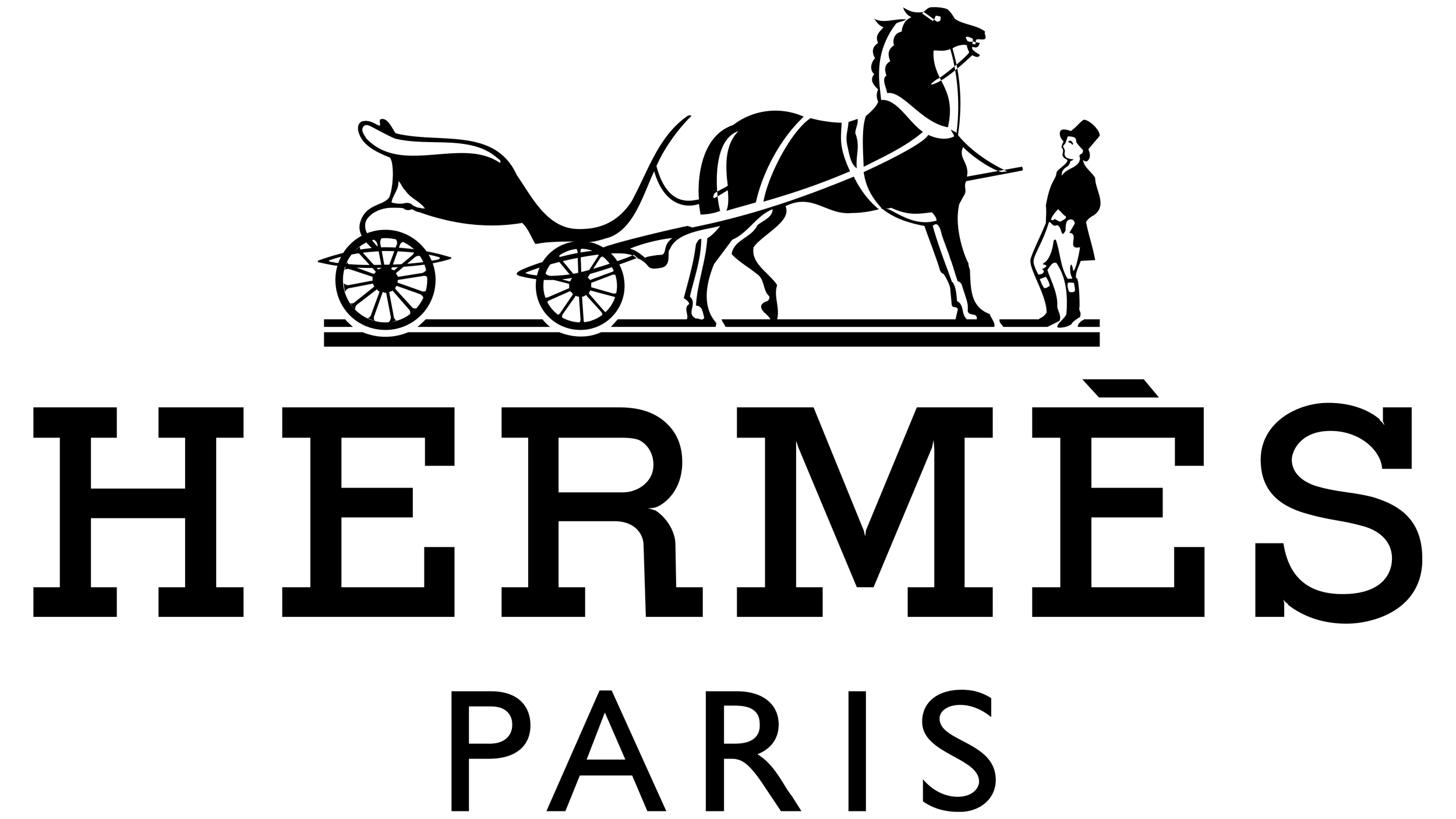 Logo d'Hermès Paris avec un dessin d'une calèche tirée par un cheval et un cocher.