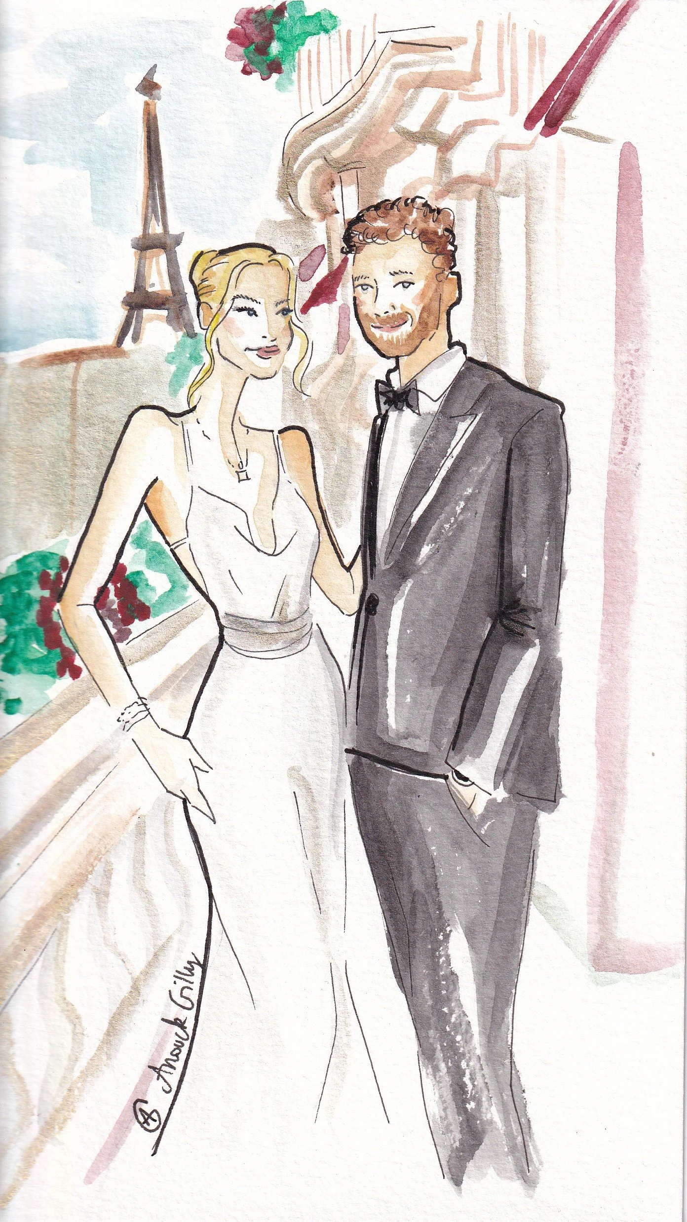 Une illustration d'un couple élégamment habillé lors d'une soirée, avec la Tour Eiffel en arrière-plan à Paris.