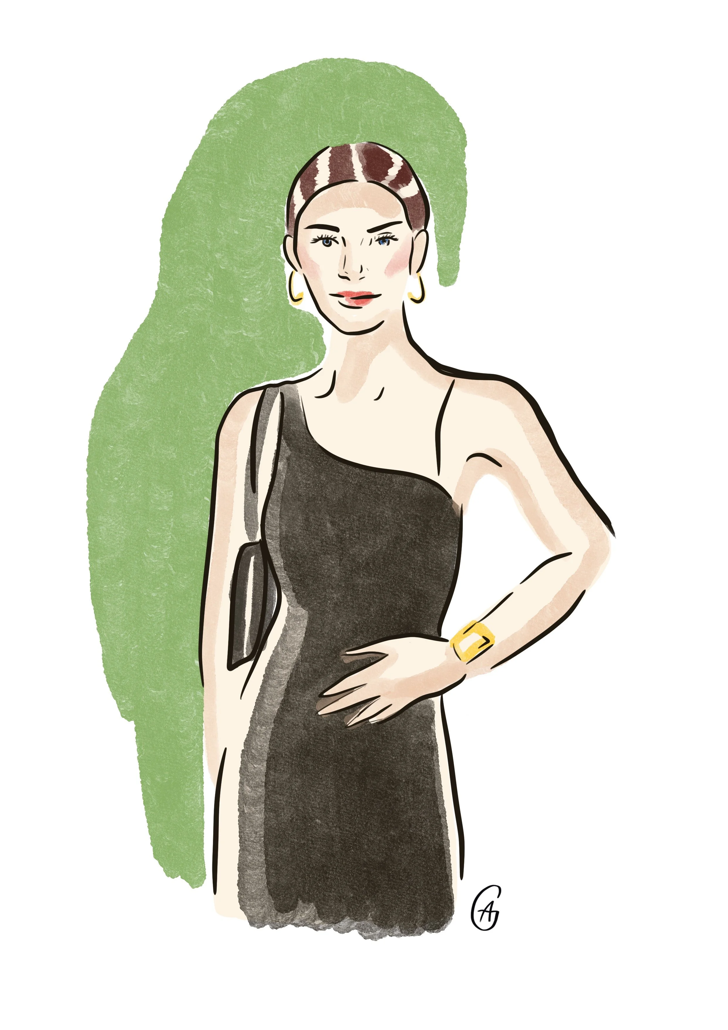 Illustration d'une femme portant une robe noire, des boucles d'oreilles en or, un bracelet en or, avec un fond vert, portant un sac noir et ayant ses cheveux coiffés avec une raie au milieu.
