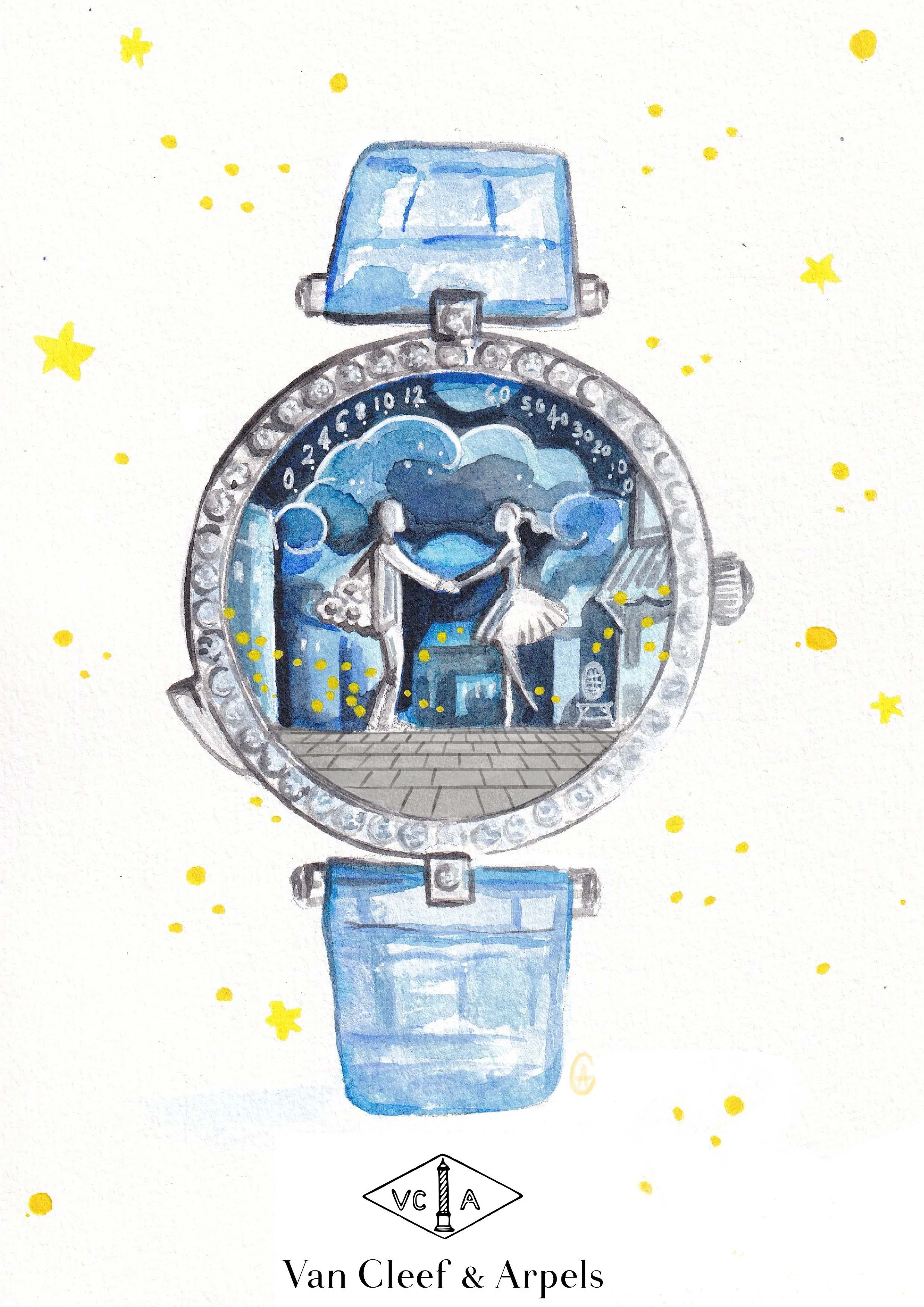 Une montre illustrée avec une scène de danse en arrière-plan, entourée de petites étoiles jaunes, accompagnée du texte "Van Cleef & Arpels".