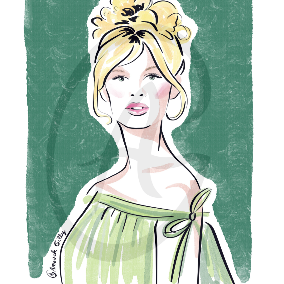 Illustration d'une jeune femme avec des cheveux blond bouclés en haut, portant une robe verte avec un nœud sur l'épaule, devant un fond vert