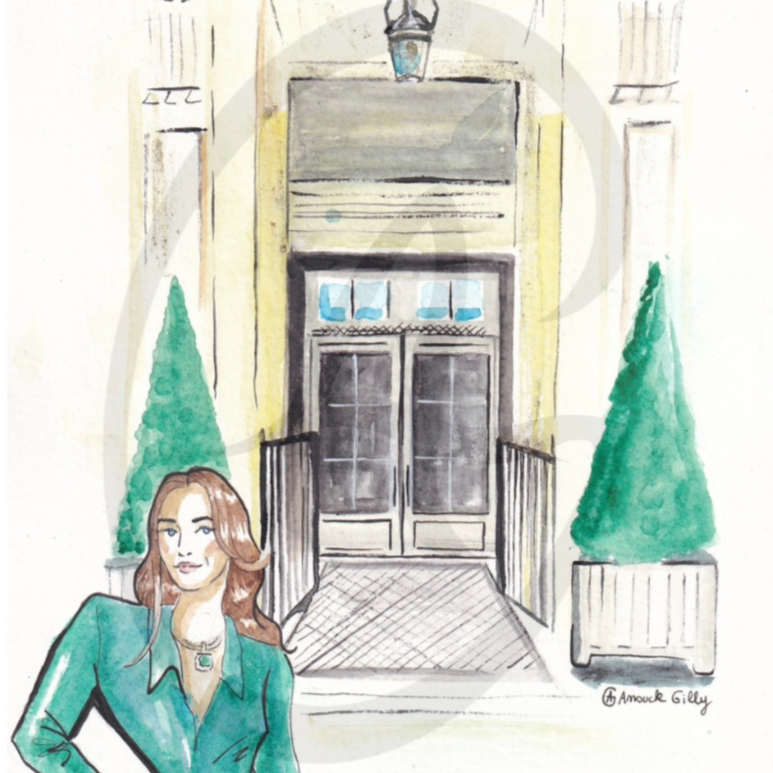 Une illustration colorée d'un couple en tenue chic sortant d'un hôtel appelé 'Hôtel Plaza Athénée', avec des plantes en pot rouges et vertes à l'entrée.